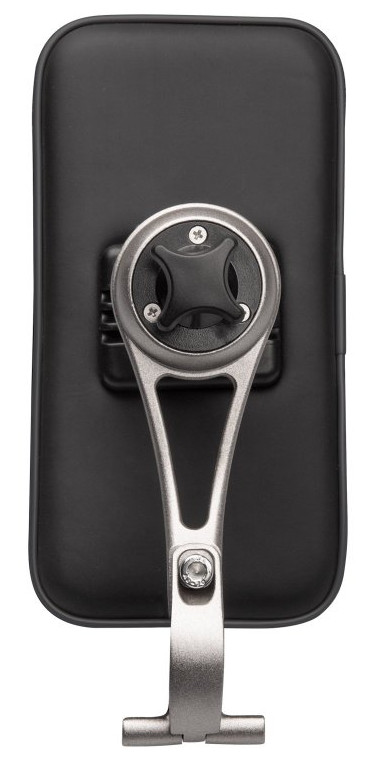 Zbliżenie tyłu uchwytu na telefon z kątowym ramieniem montażowym, z czarną wyściółką.