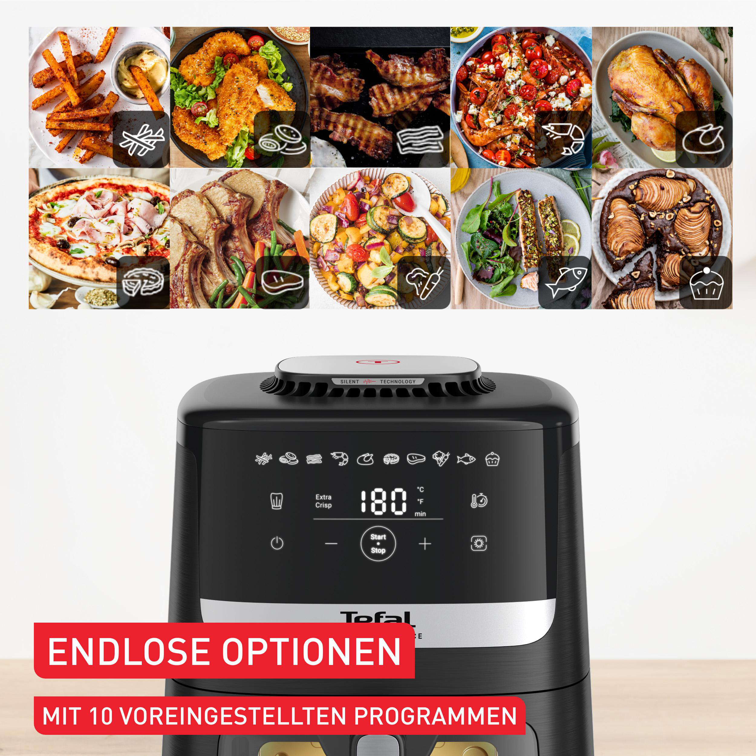 Heißluftfritteuse mit Essenssymbolen. Anzeige zeigt 180 Grad. Text: 'Endlose Optionen' und '10 Programme'.