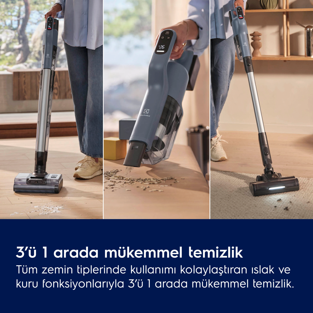 Elektrikli süpürge kullanan bir kişinin üç görüntüsü.