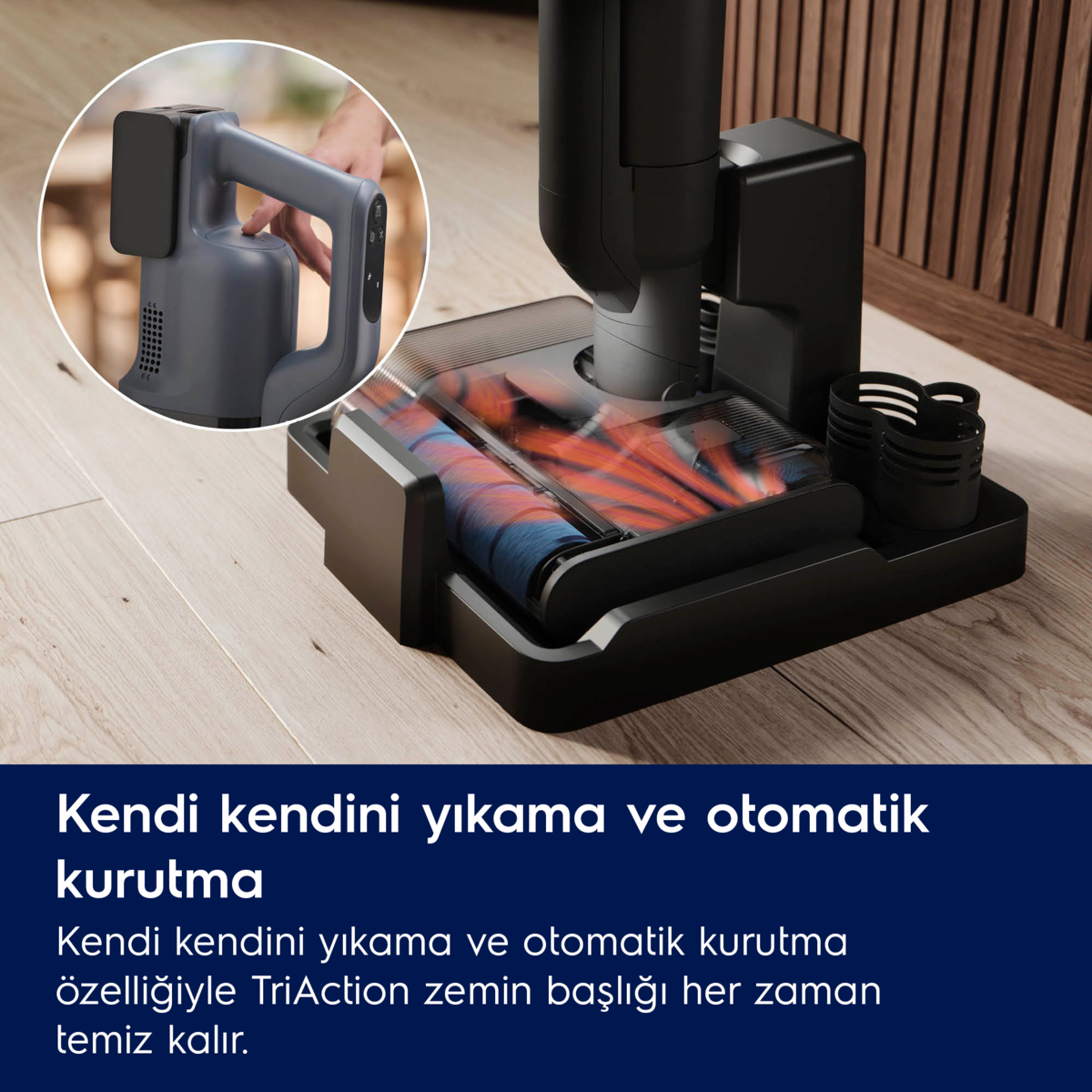 Elektrikli süpürgenin başlığının ve temizleme başlığının yakın çekimi.