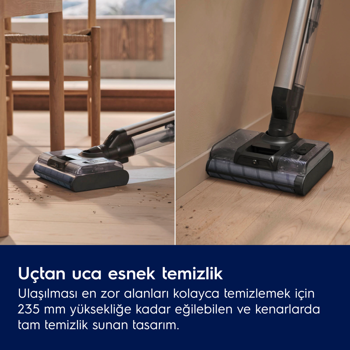 Elektrikli süpürge zeminin kenarlarını ve köşelerini temizliyor.