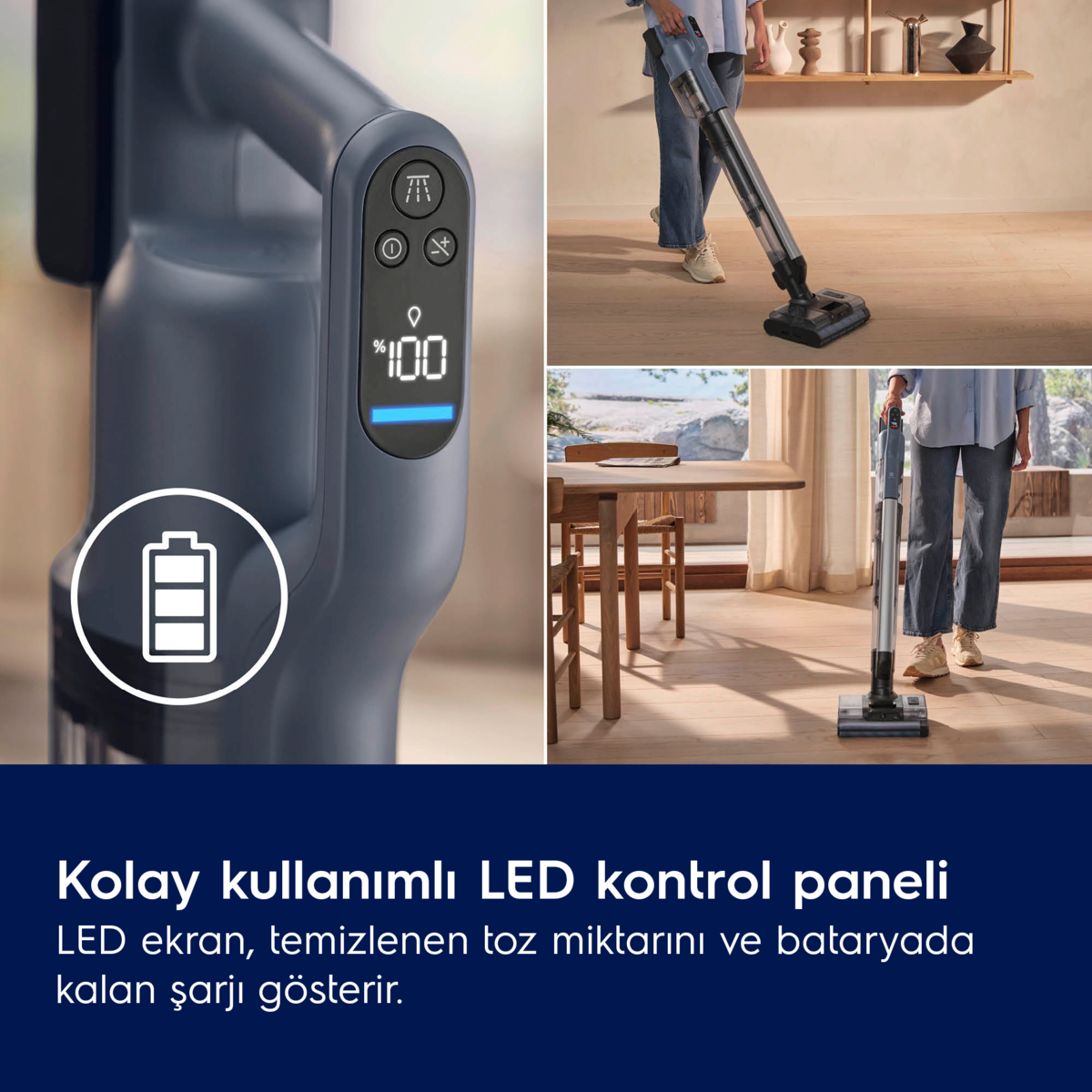 Pil ömrünü gösteren dijital ekranlı elektrik süpürgesinin yakın çekimi.