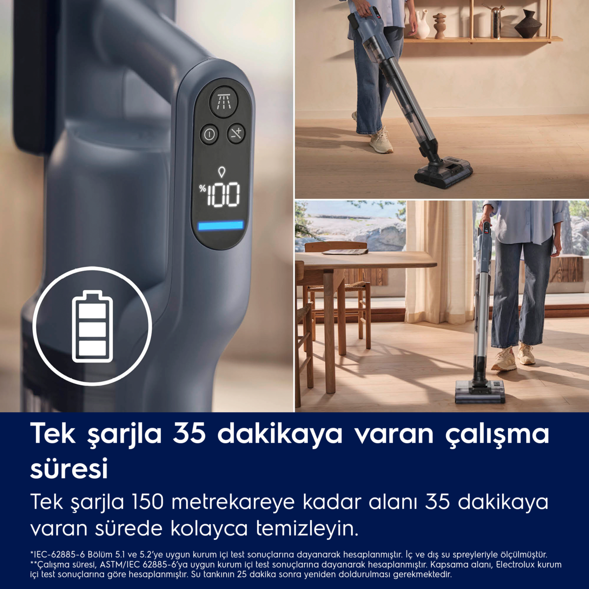 Pil ömrünü gösteren dijital ekranlı elektrik süpürgesi, çoklu görünümler.