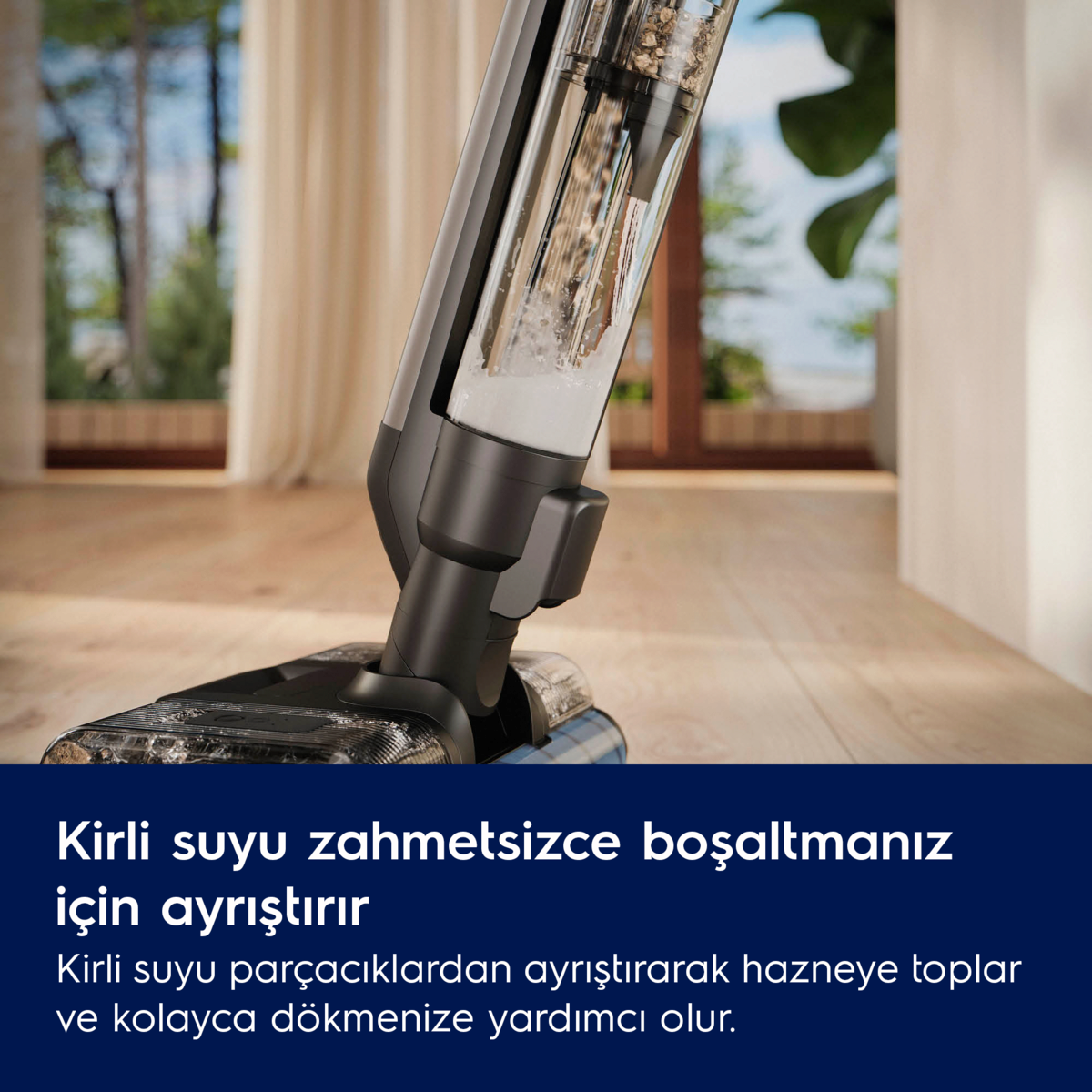 Kirli su ayrımını gösteren bir elektrik süpürgesi başlığının yakın çekimi.