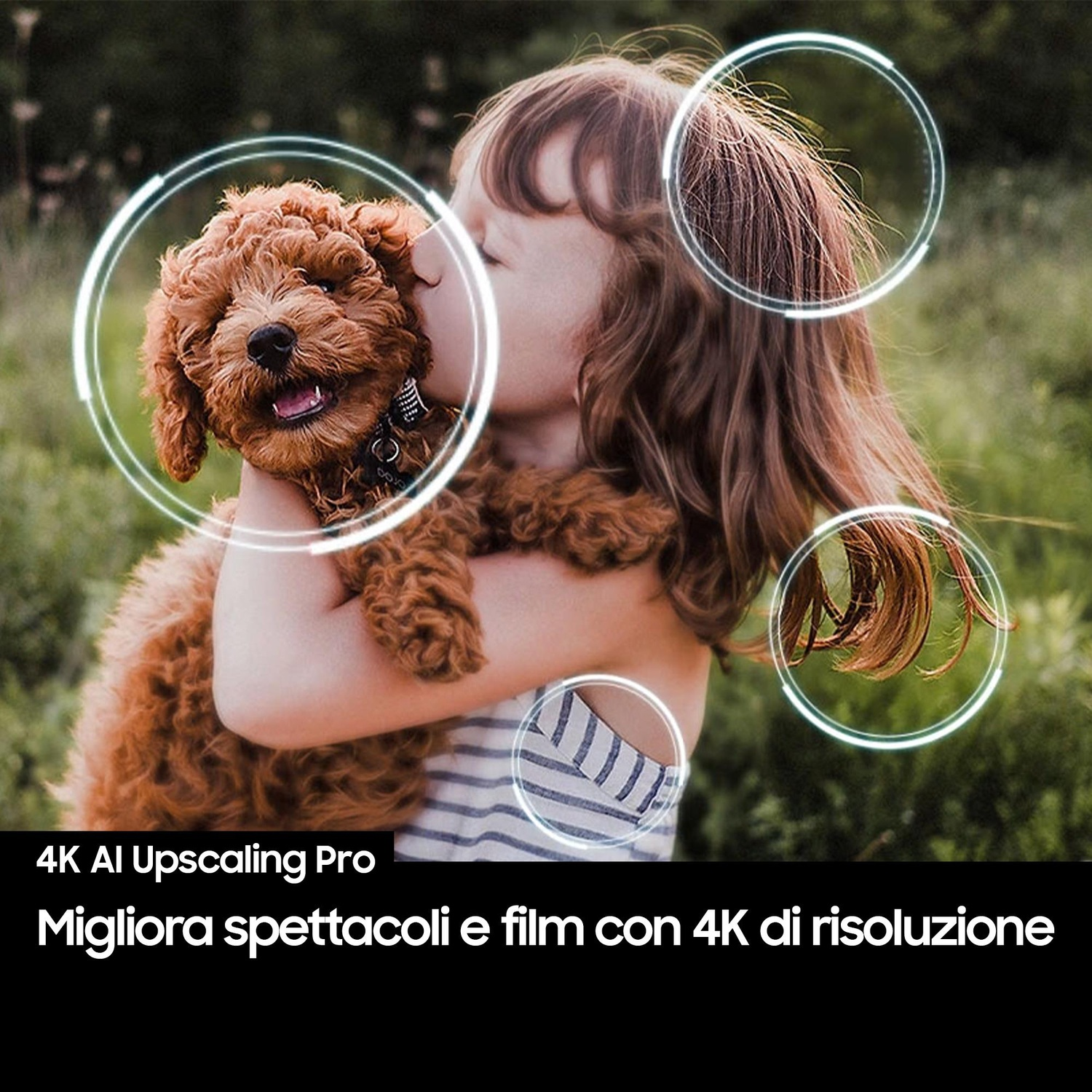 Una ragazza bacia un cane. Cerchi intorno a loro. Il testo promuove 4K AI Upscaling Pro.