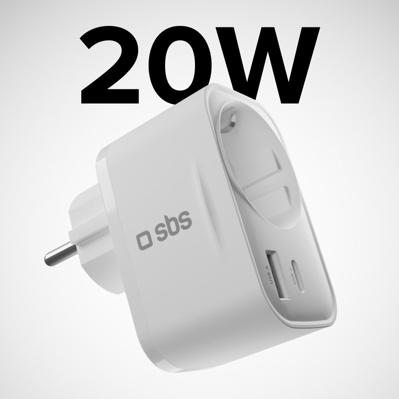 Biały adapter z wtyczką europejską i portami USB. Numer 20W znajduje się na górze.
