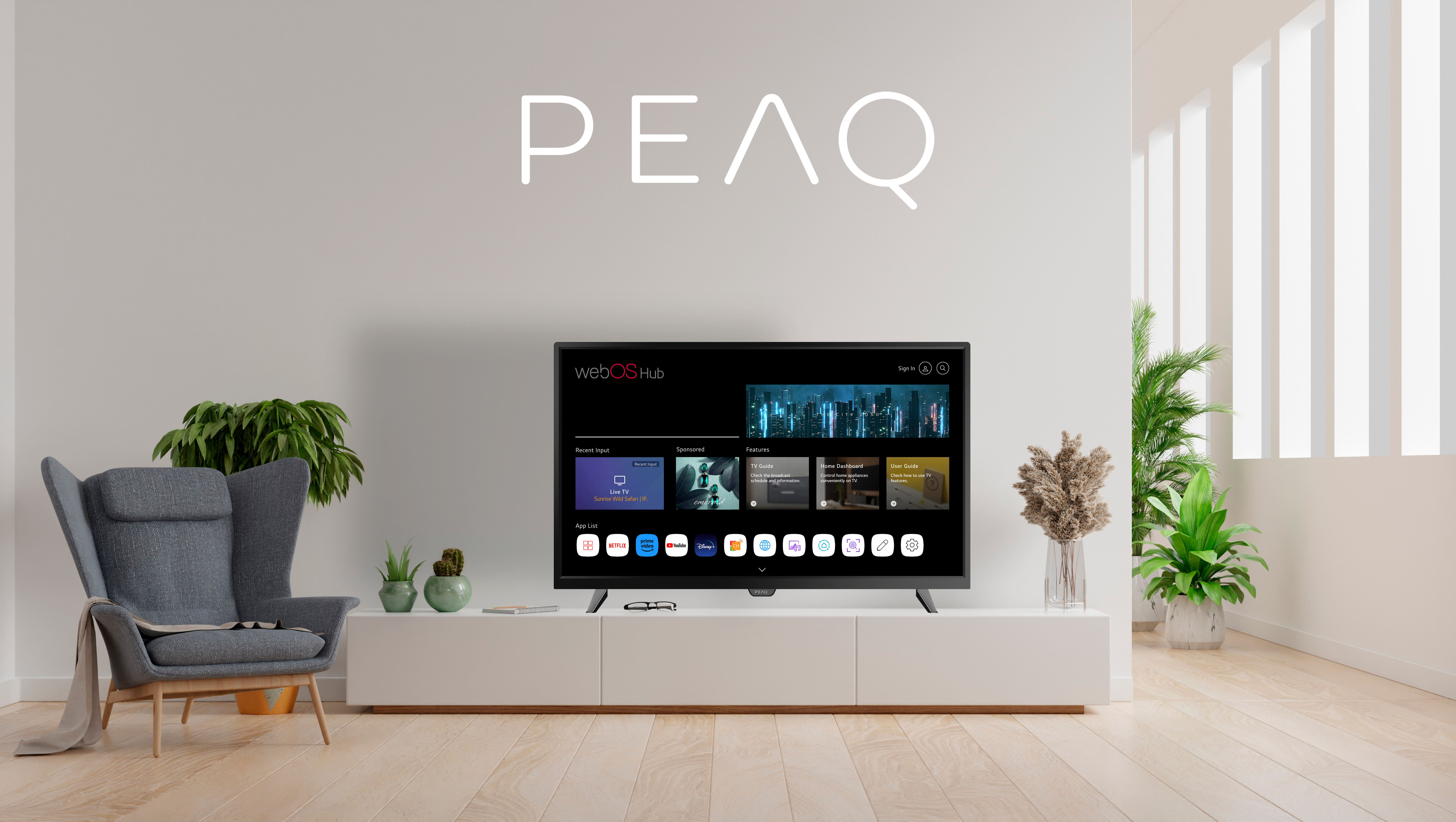 Akıllı TV arayüzü gösteren bir TV bulunan modern oturma odası. Kenarlarda bir sandalye ve bitkiler var.
