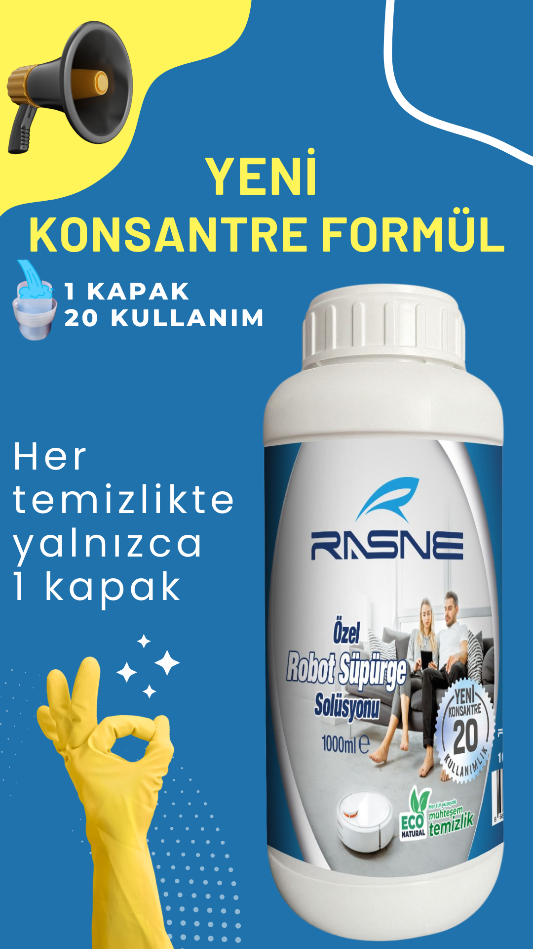 Metin ve görseller içeren bir temizlik solüsyonu şişesi.