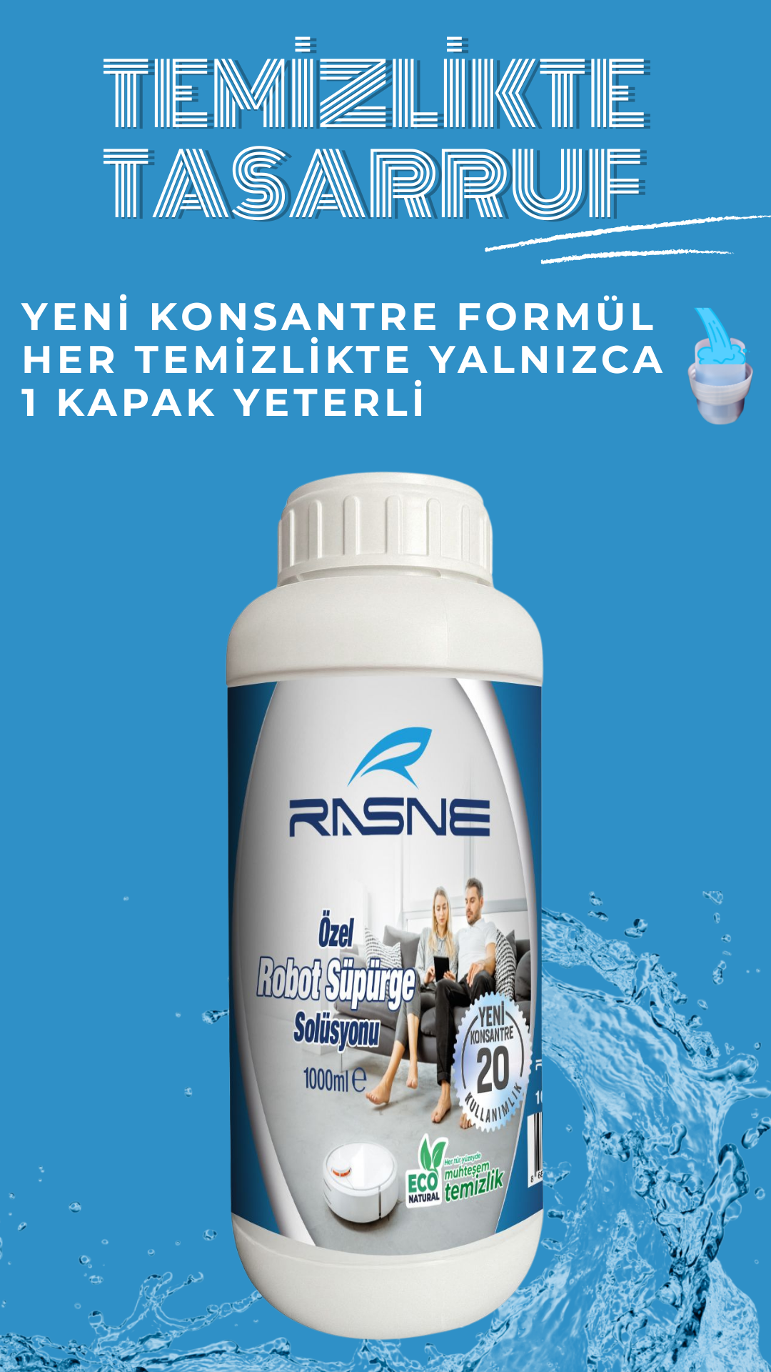 Metin ve görseller içeren bir temizlik solüsyonu şişesi.