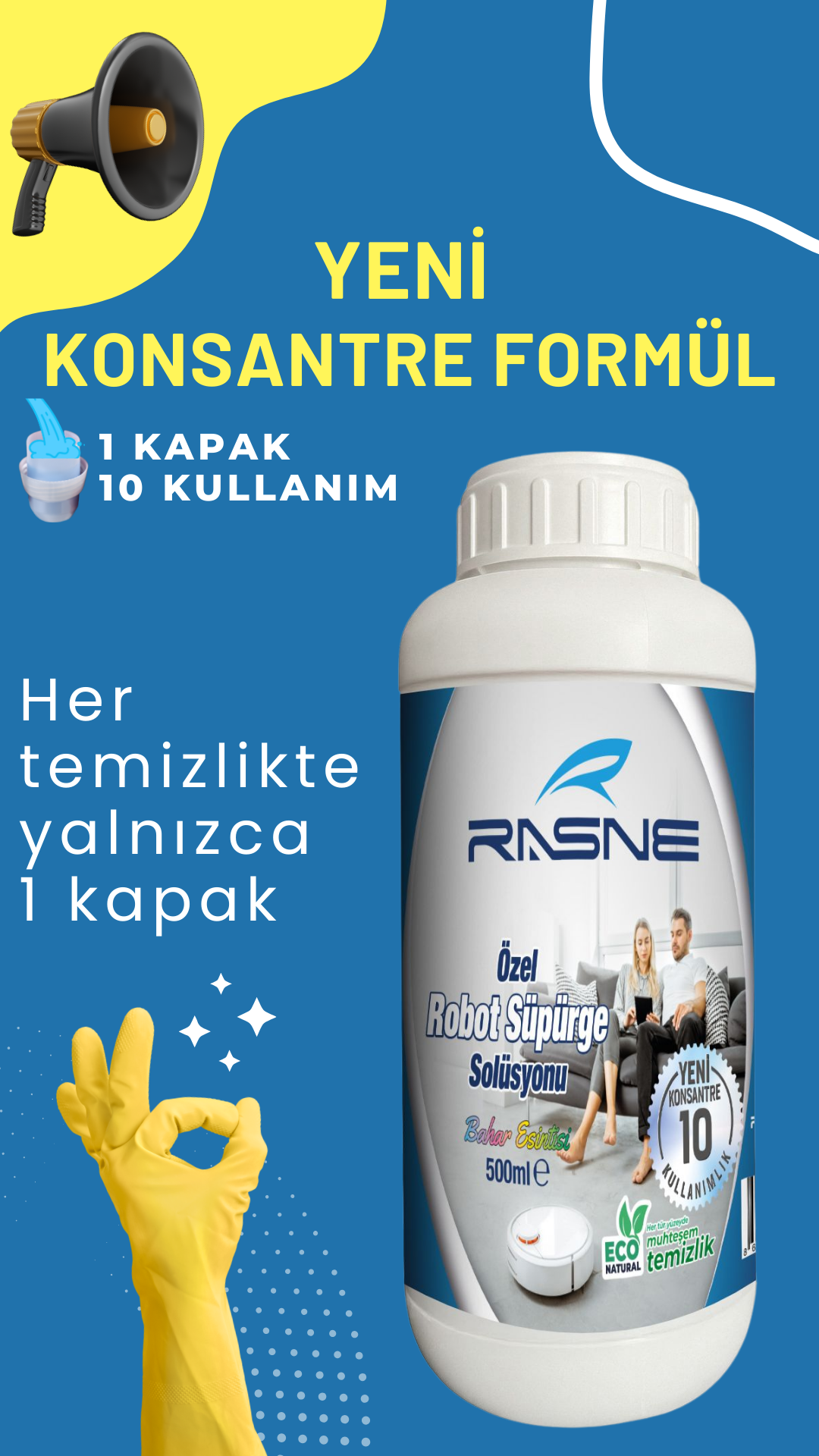 Beyaz şişe, metin, sarı eldivenler tutuyor, mavi arka plan.
