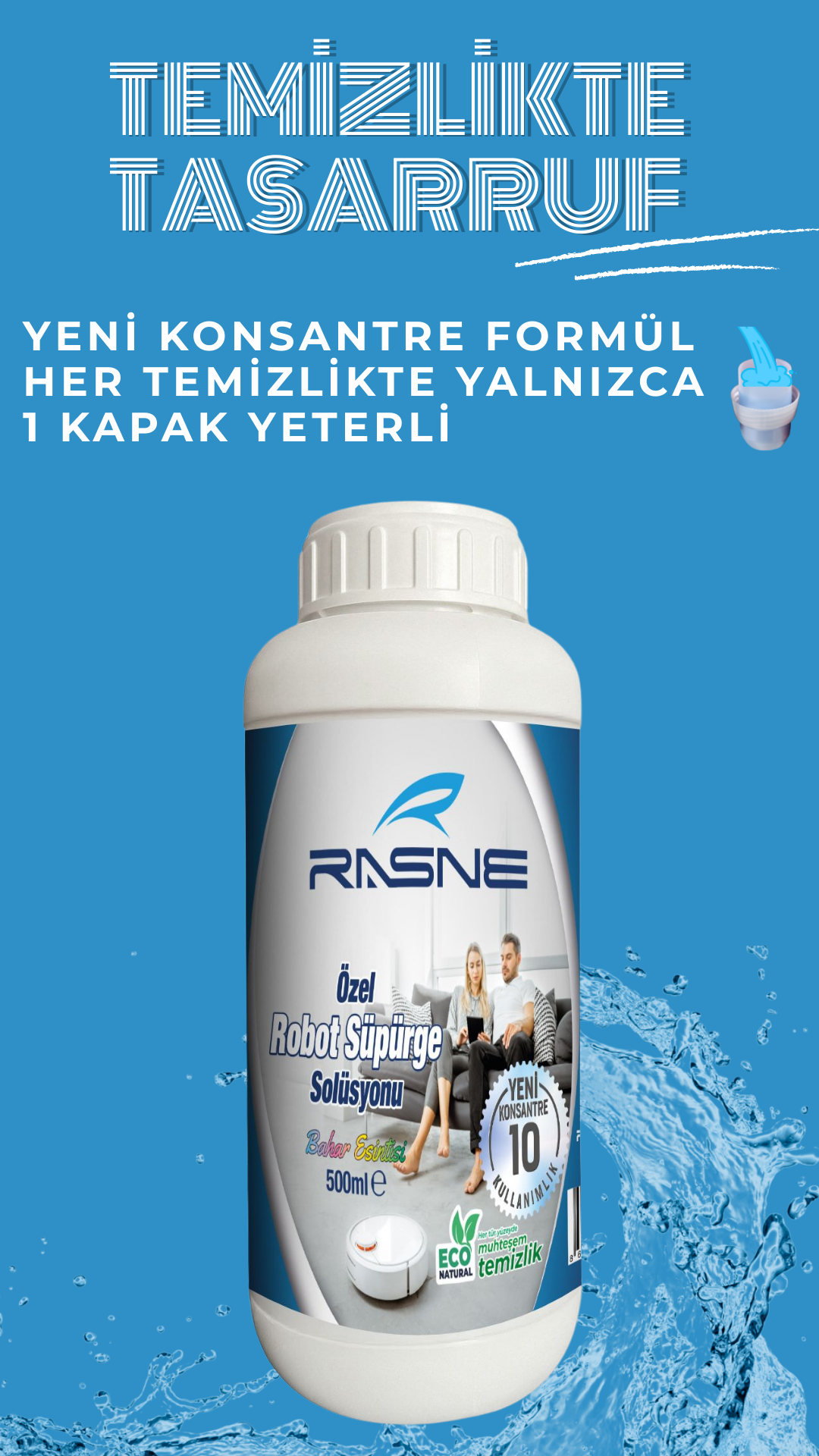 Beyaz şişe, mavi tasarım, metin ve su damlaları olan mavi arka plan.