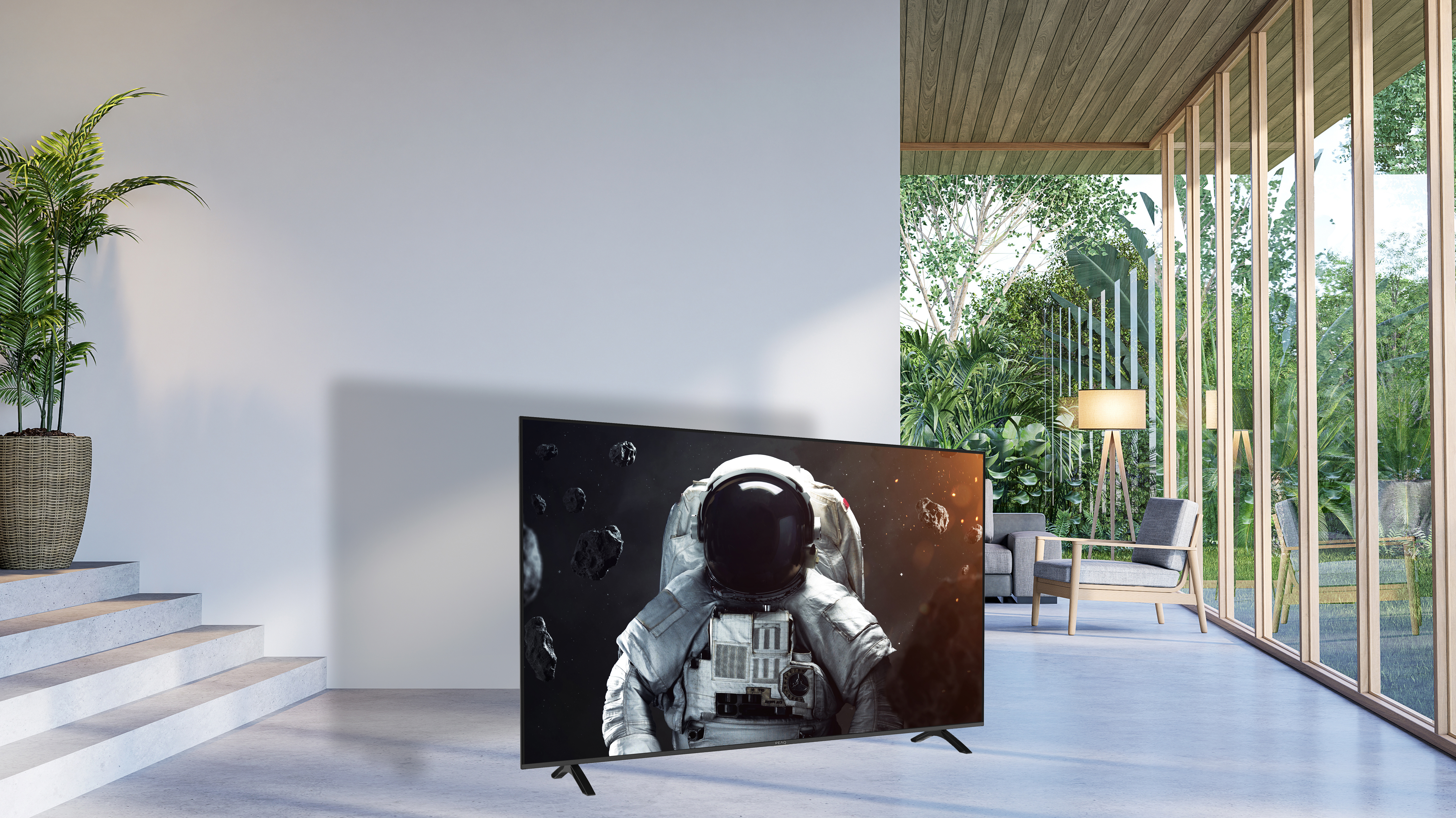 TV, uzayda bir astronot gösteriyor. Yeşil bitki ve dışarıya bakan iç mekan.