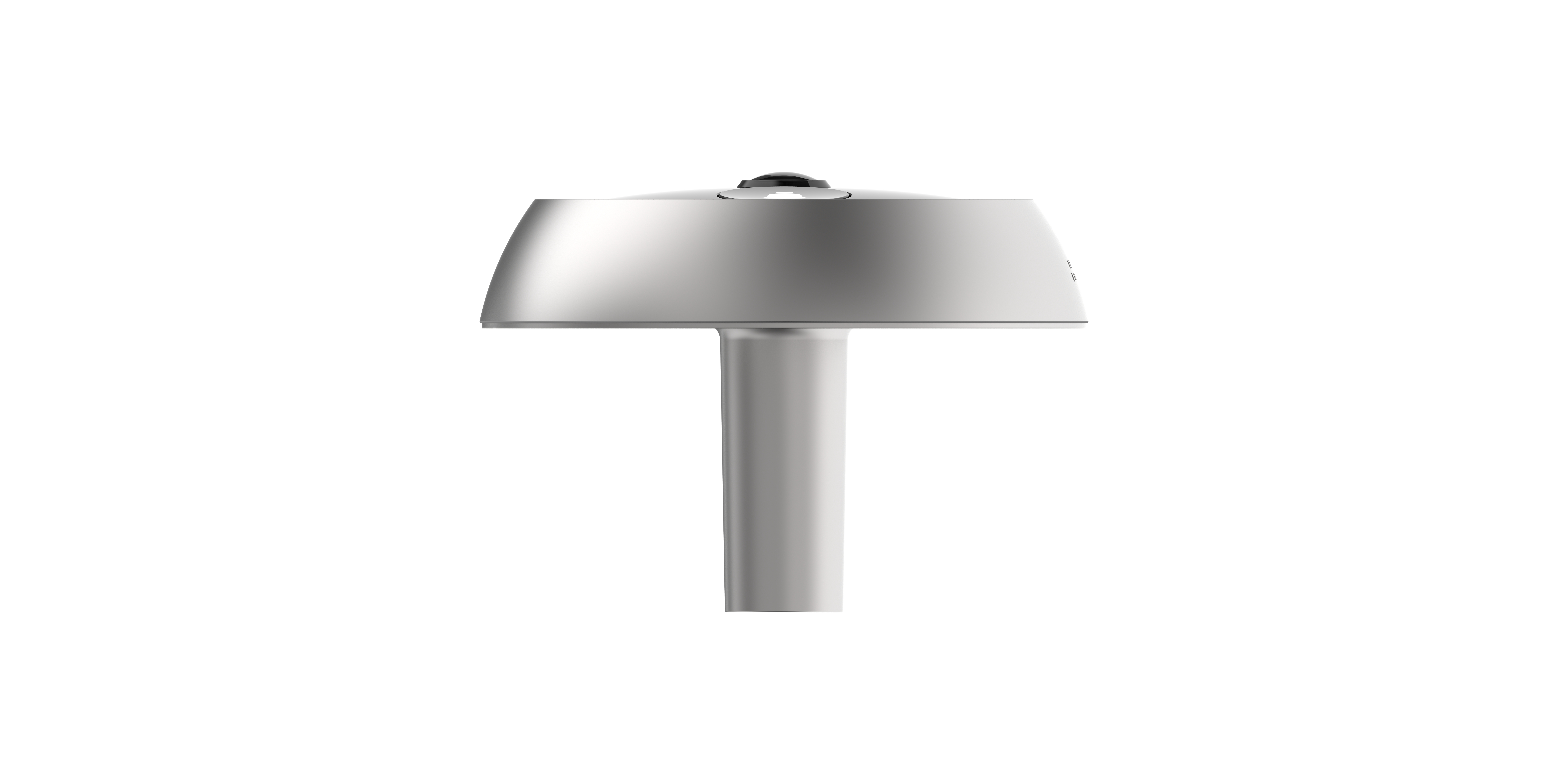 Silberne, runde Lampe. Die Lampe hat einen kleinen schwarzen Knopf oben.