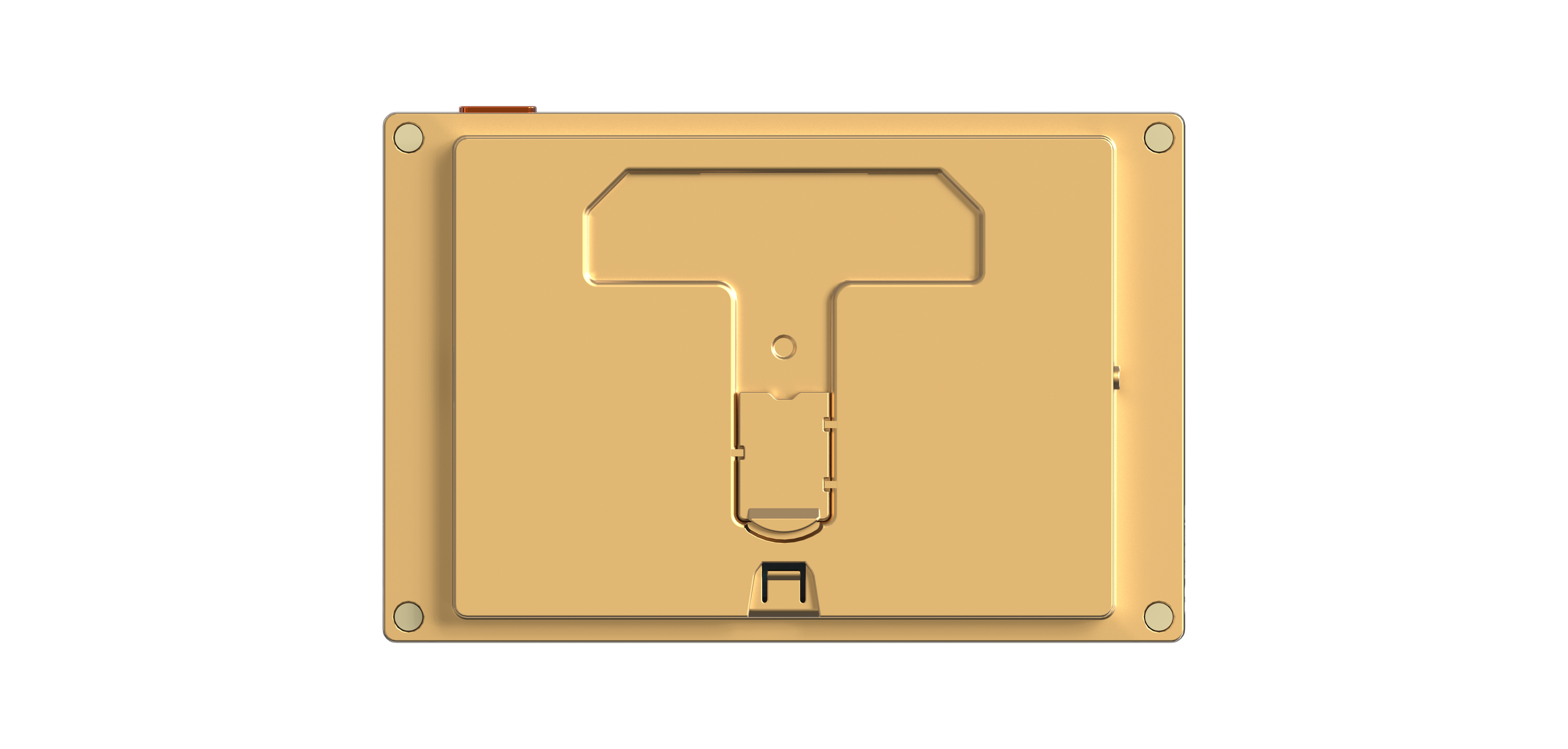 Ein goldfarbenes, rechteckiges Gerät, Draufsicht, mit einem T-förmigen Design auf der Oberfläche und weißem Hintergrund.