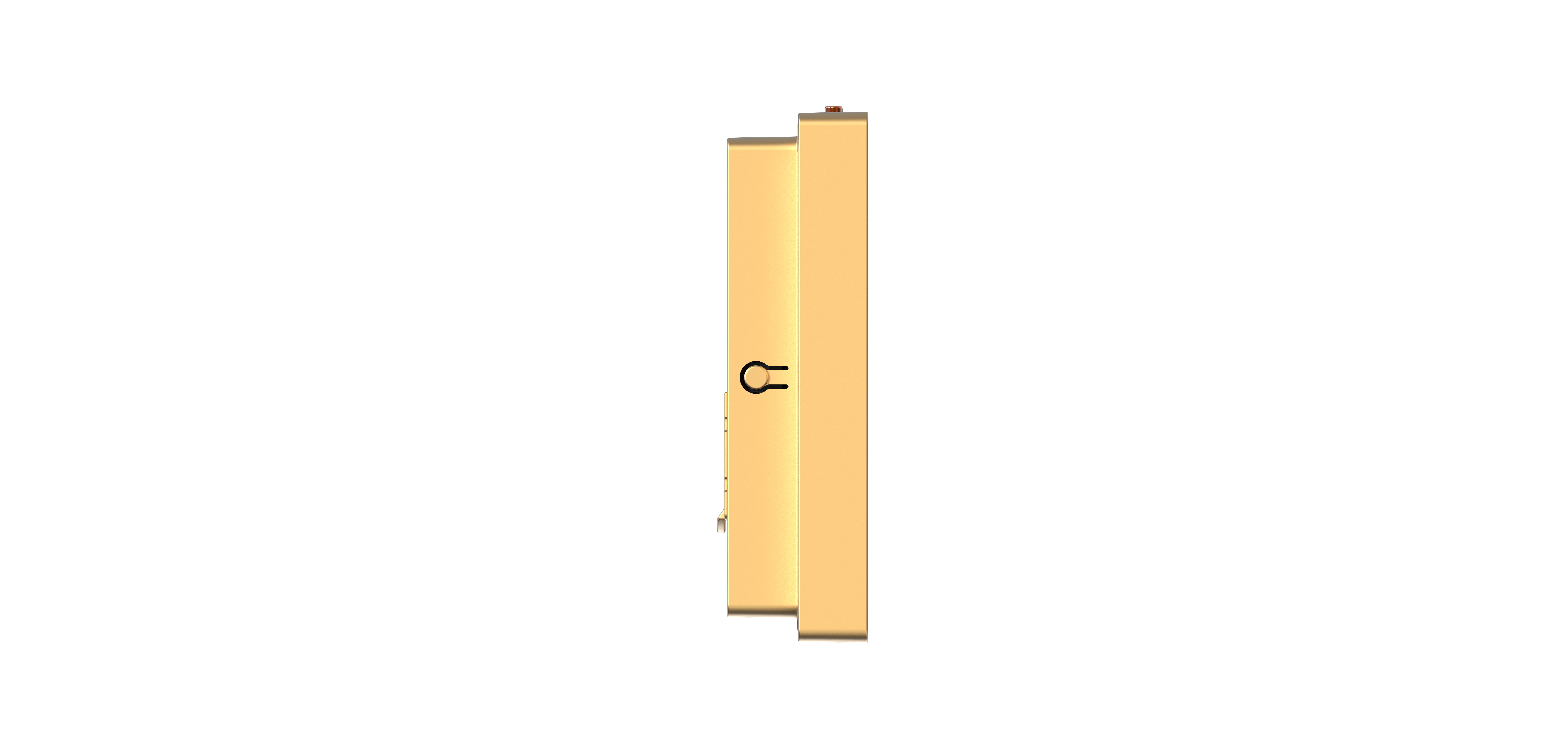 Goldenes rechteckiges Gerät, Seitenansicht, mit schwarzer Linie und kleinem roten Knopf. Weißer Hintergrund.