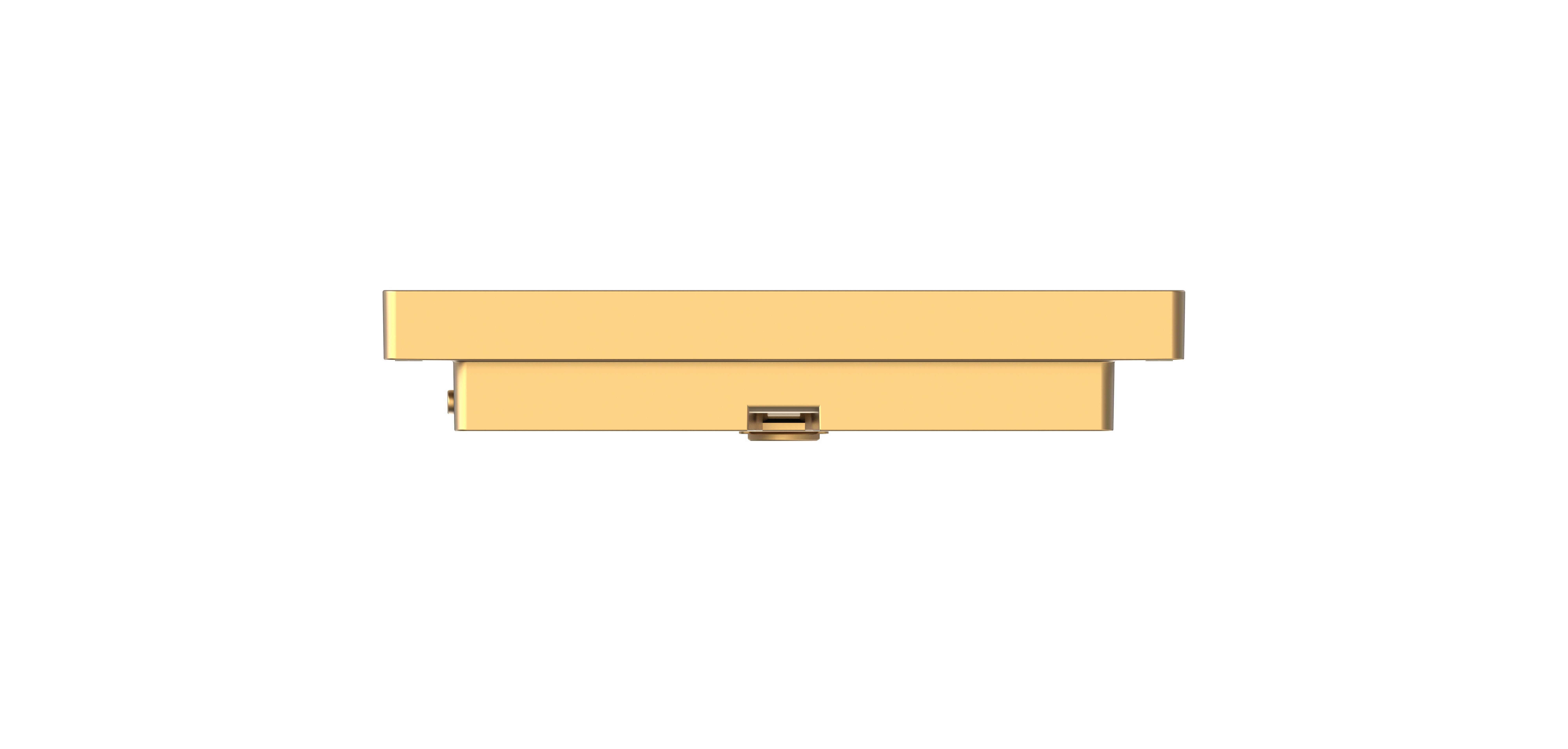 Goldenes rechteckiges Gerät, Draufsicht, mit kleinem Rechteck und Knopf. Weißer Hintergrund.