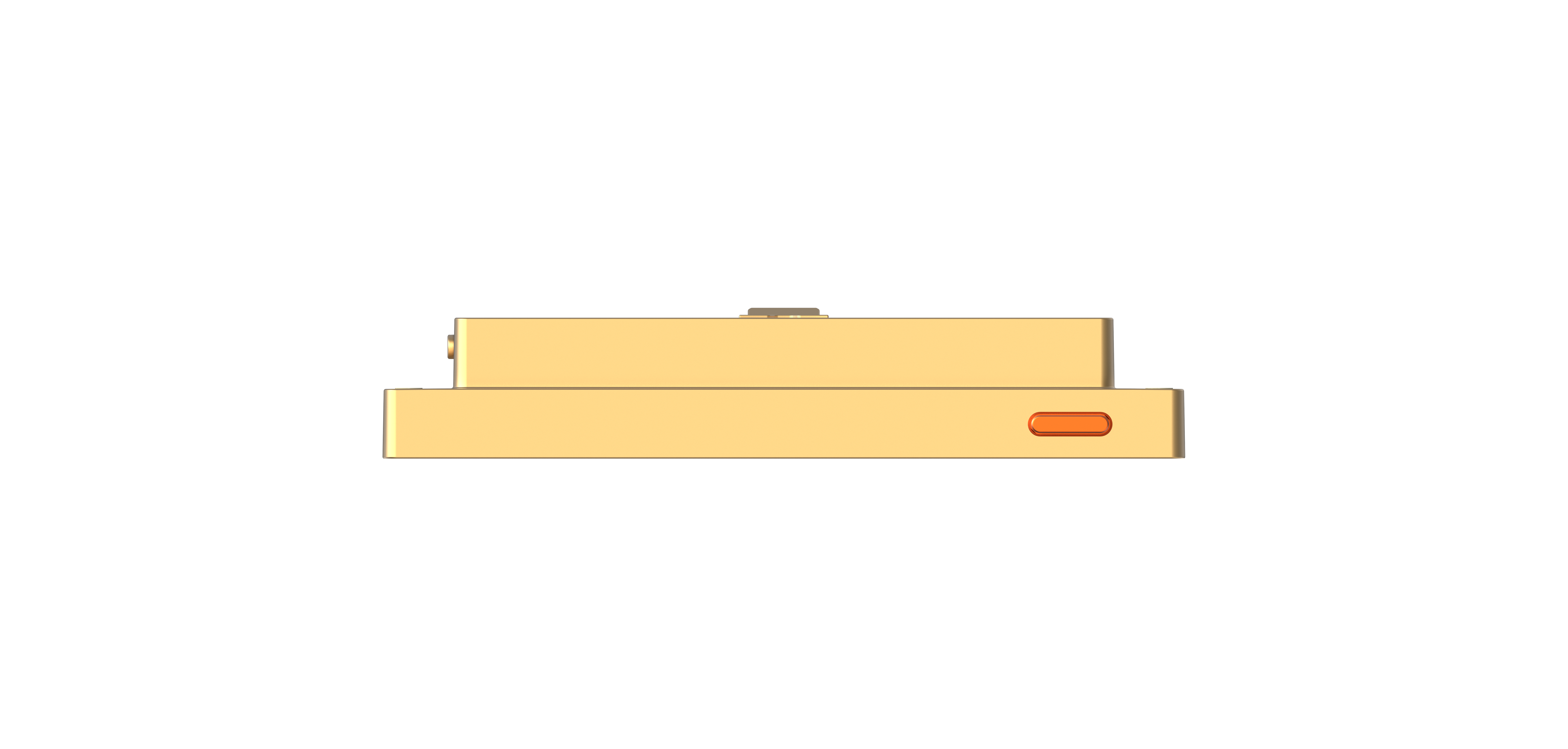Goldenes rechteckiges Gerät, Draufsicht, mit Knopf und kleinem orangenen Knopf. Weißer Hintergrund.