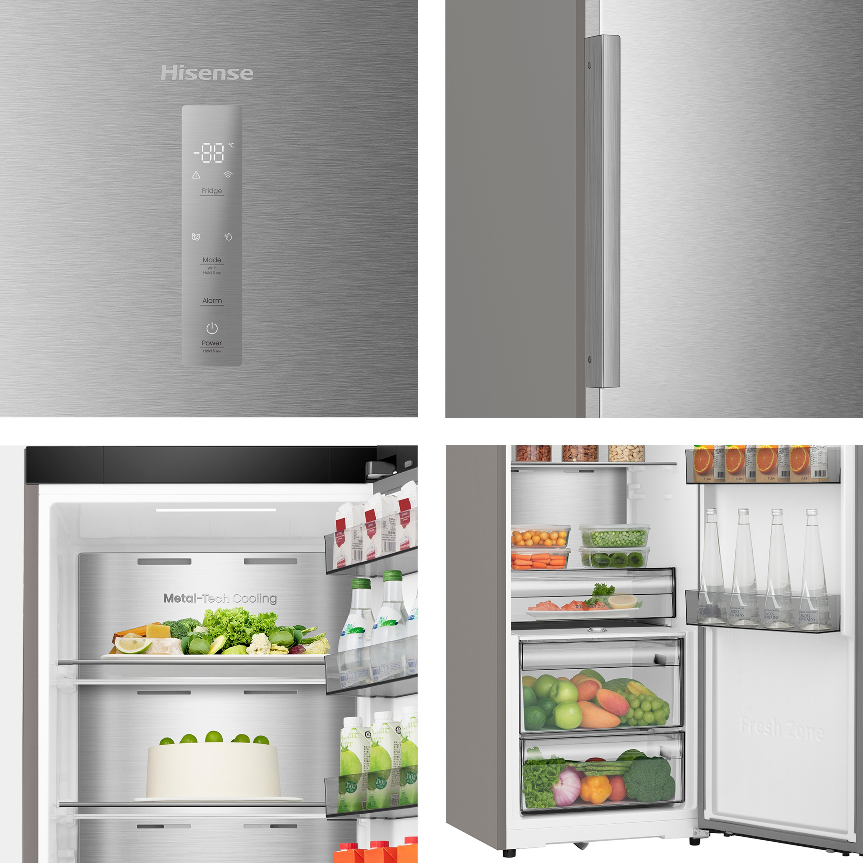 Un refrigerador con múltiples vistas. Muestra el panel frontal, el asa, la puerta abierta con estantes y contenido.
