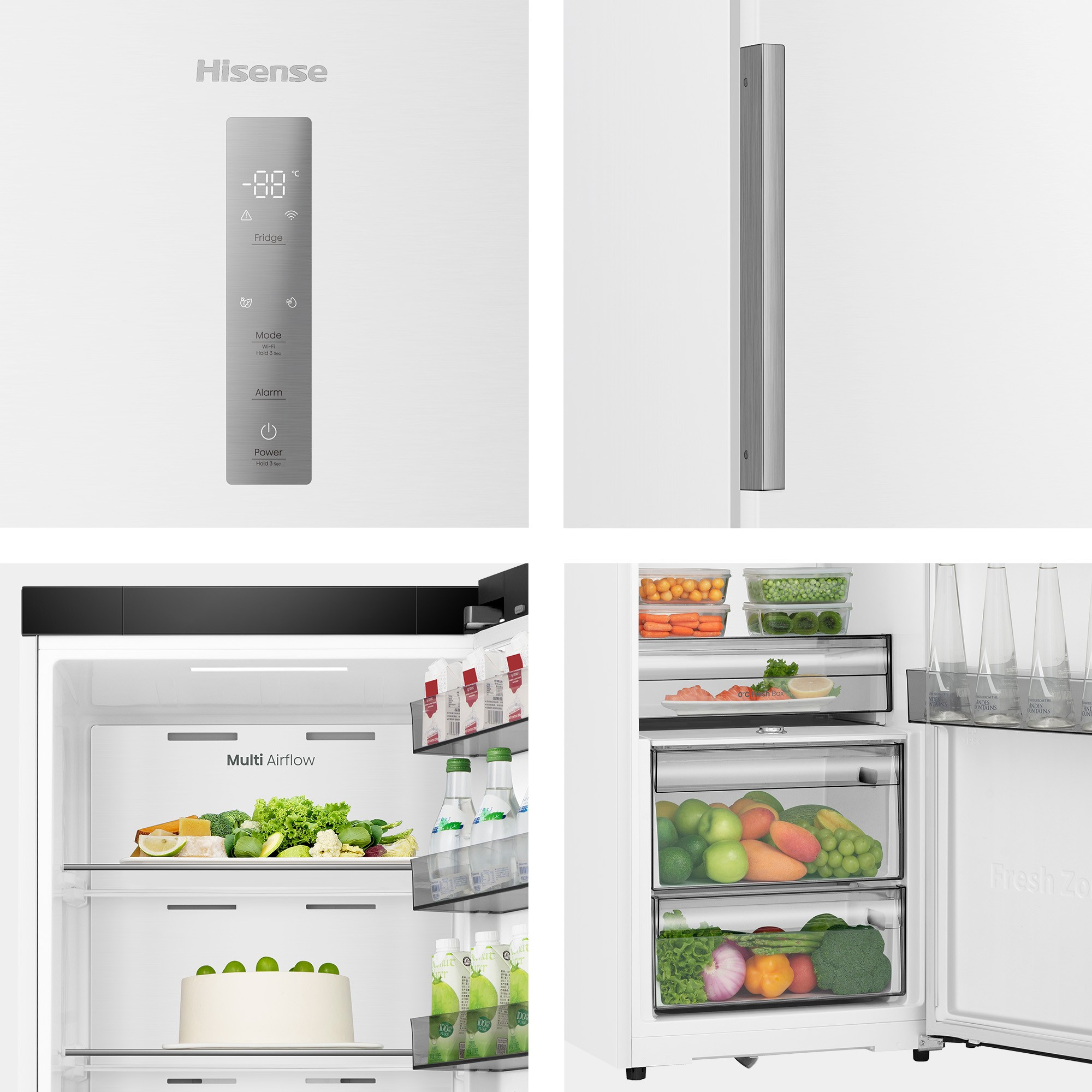 Frigorífico Hisense, mostrando panel de control, asa e interior con alimentos.