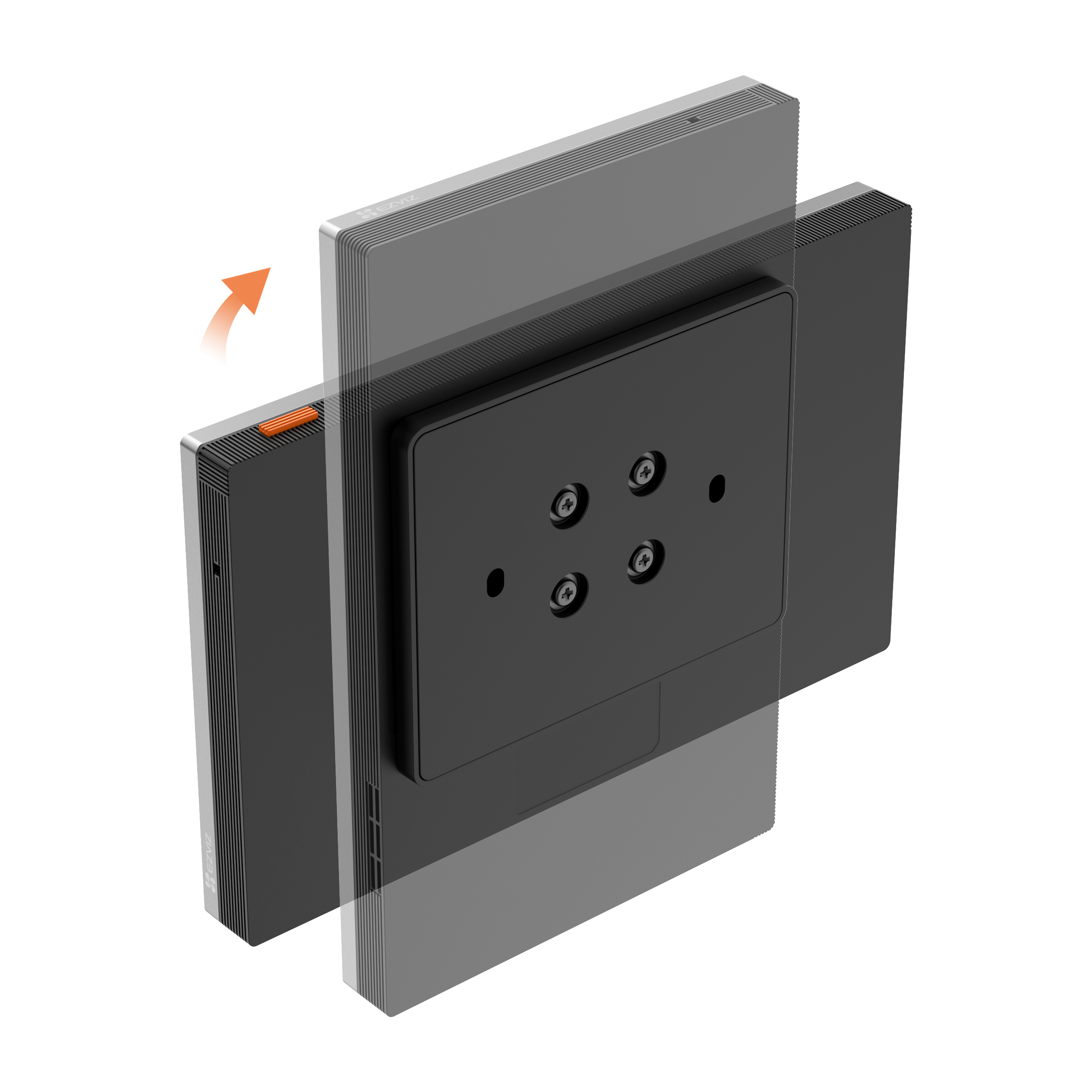 Ein schwarzes Gerät mit silbernem Rahmen wird auf einer schwarzen Basis montiert, mit einem orangefarbenen Detail, weißer Hintergrund.