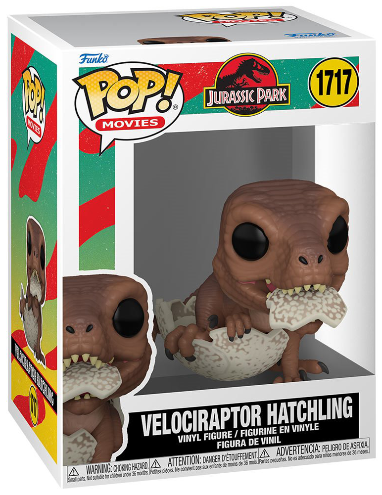Funko Pop egy Velociraptor-fiókáról. Barna dinoszaurusz törik ki a tojásból.