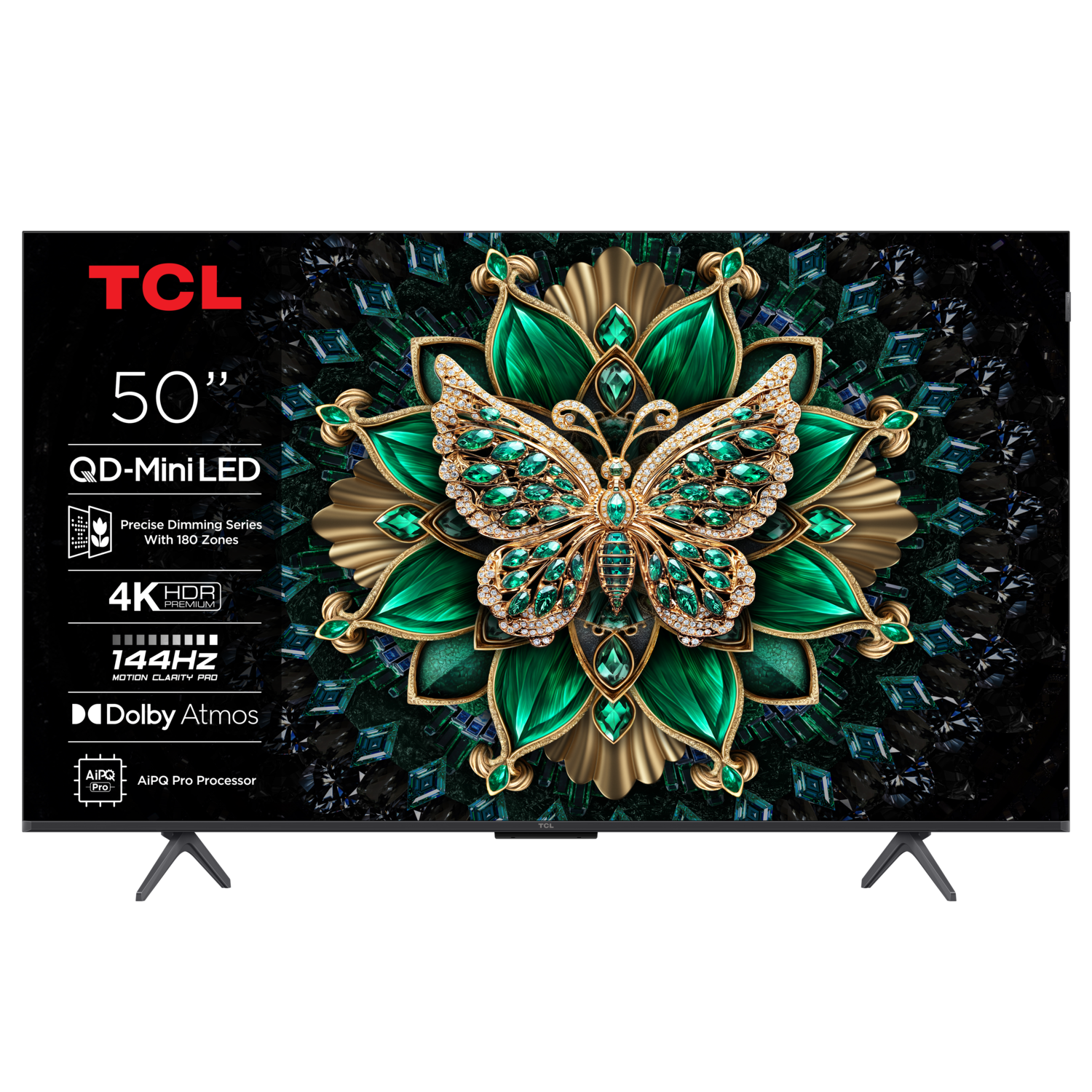 Een 50" TCL TV toont een bloemenontwerp met vlinder. Functies zijn onder meer 4K HDR en Dolby Atmos.
