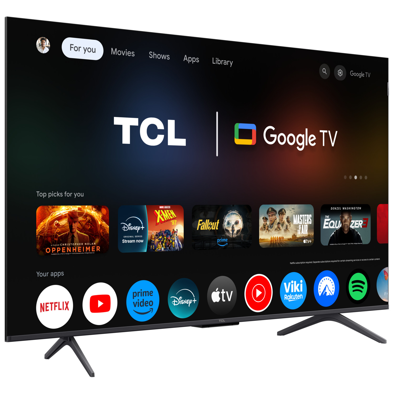 TCL Google TV. The screen displays the Google TV interface with app icons and movie suggestions.