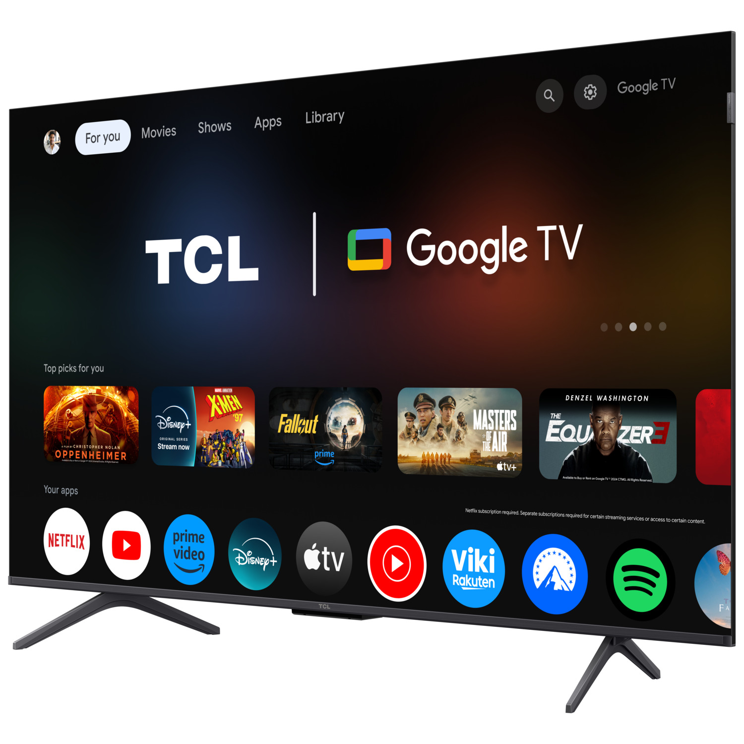 TCL Google TV. The screen displays the Google TV interface with app icons and movie suggestions.