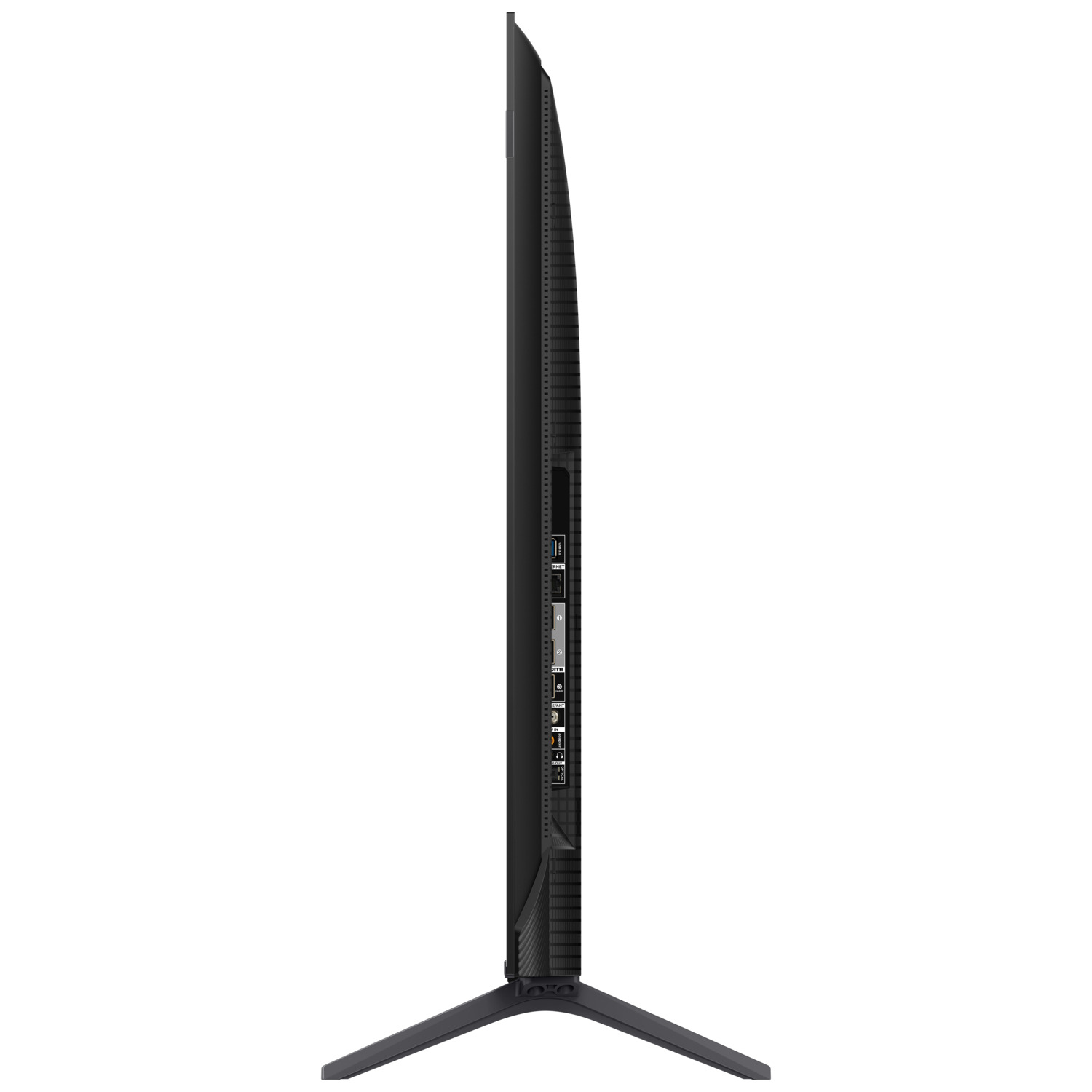 A side view of a black flat-screen TV. It has a sleek design with ports and a stand.