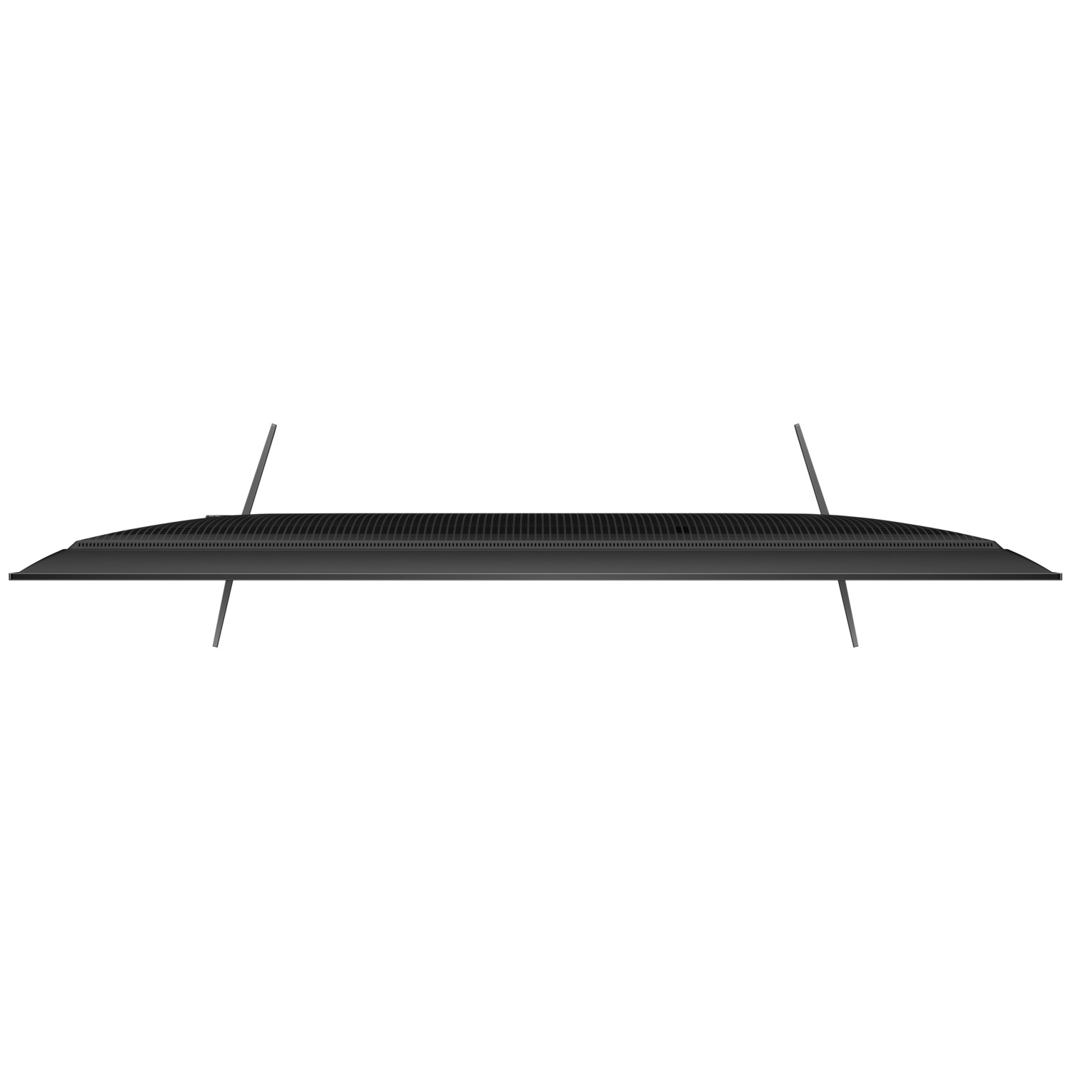 A top view of a black flat-screen TV. It has a slim design with a stand.