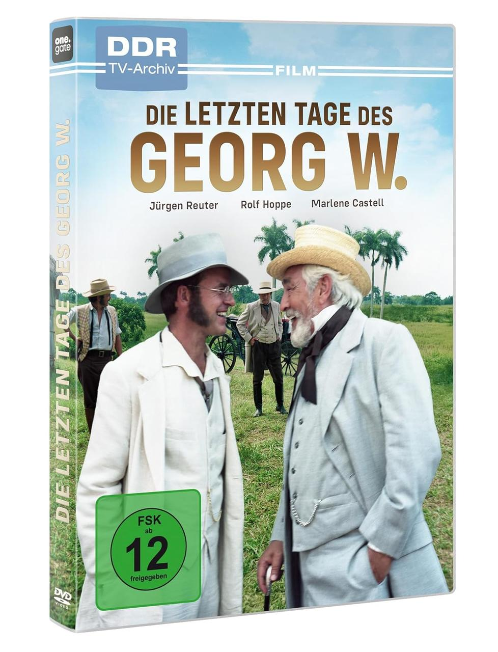 DVD-Cover. Männer in Anzügen und Hüten auf einem Feld. Titel: 'Die letzten Tage des Georg W.' DVD-Hülle.