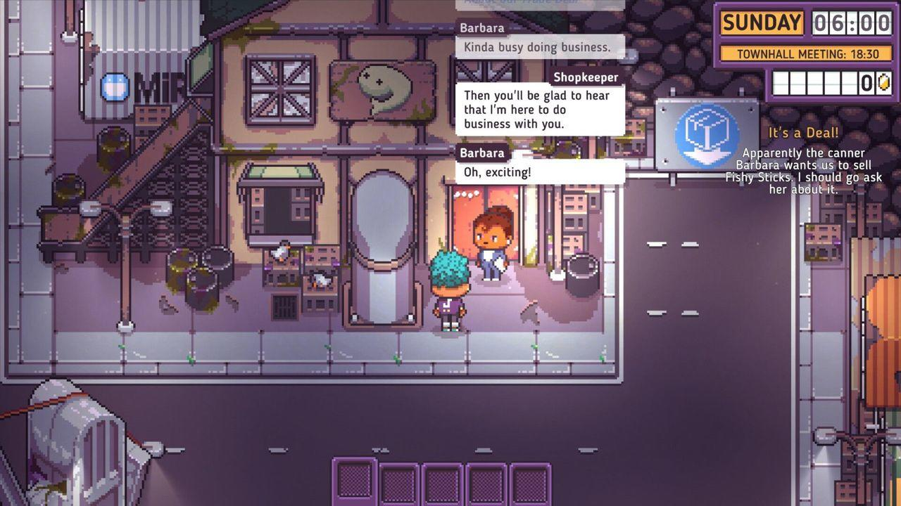 Eine Spielszene mit Charakteren in einer Stadt. Dialogblasen erscheinen. Eine Kiste mit einem Angebot ist sichtbar.