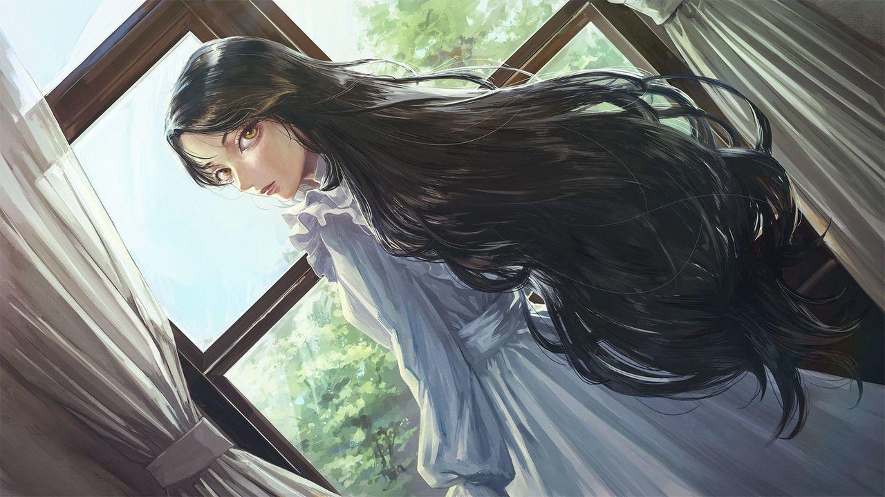 Eine Anime-Zeichnung einer Frau, die durch ein Fenster schaut. Sie hat lange schwarze Haare und trägt ein weißes Kleid.