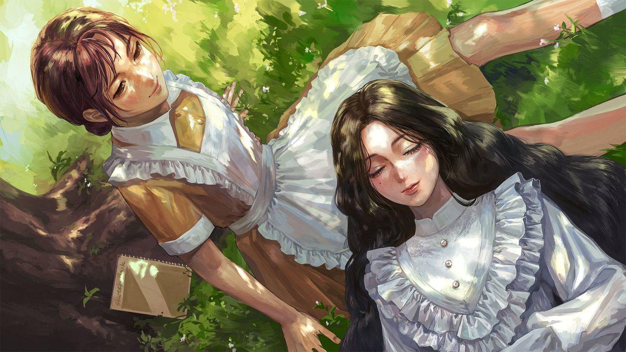 Eine Anime-Zeichnung von zwei Frauen, die im Gras liegen. Eine trägt ein weißes Kleid, die andere ein gelbes.