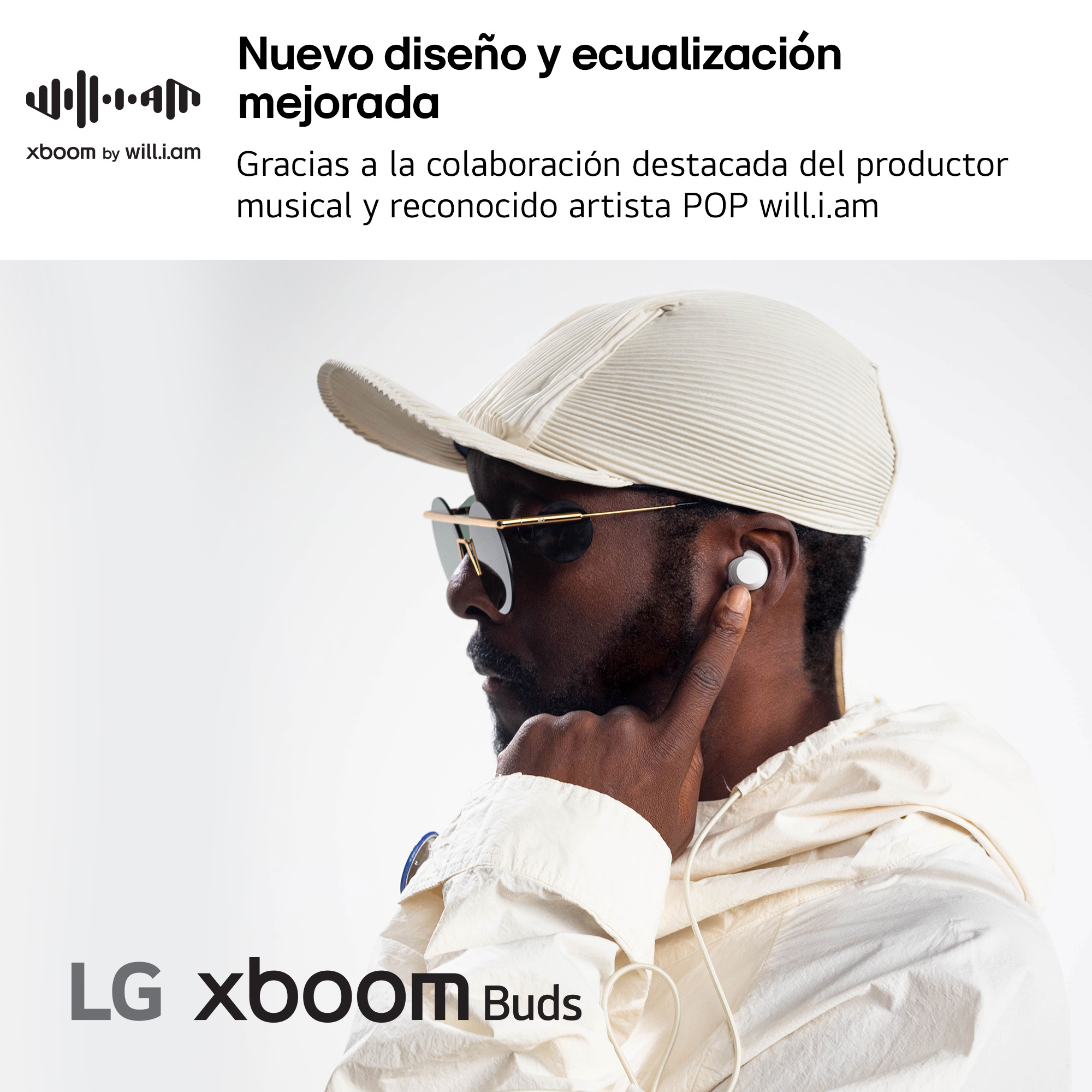 Un hombre con gafas de sol y sombrero lleva auriculares blancos. Texto en español sobre nuevo diseño y will.i.am.