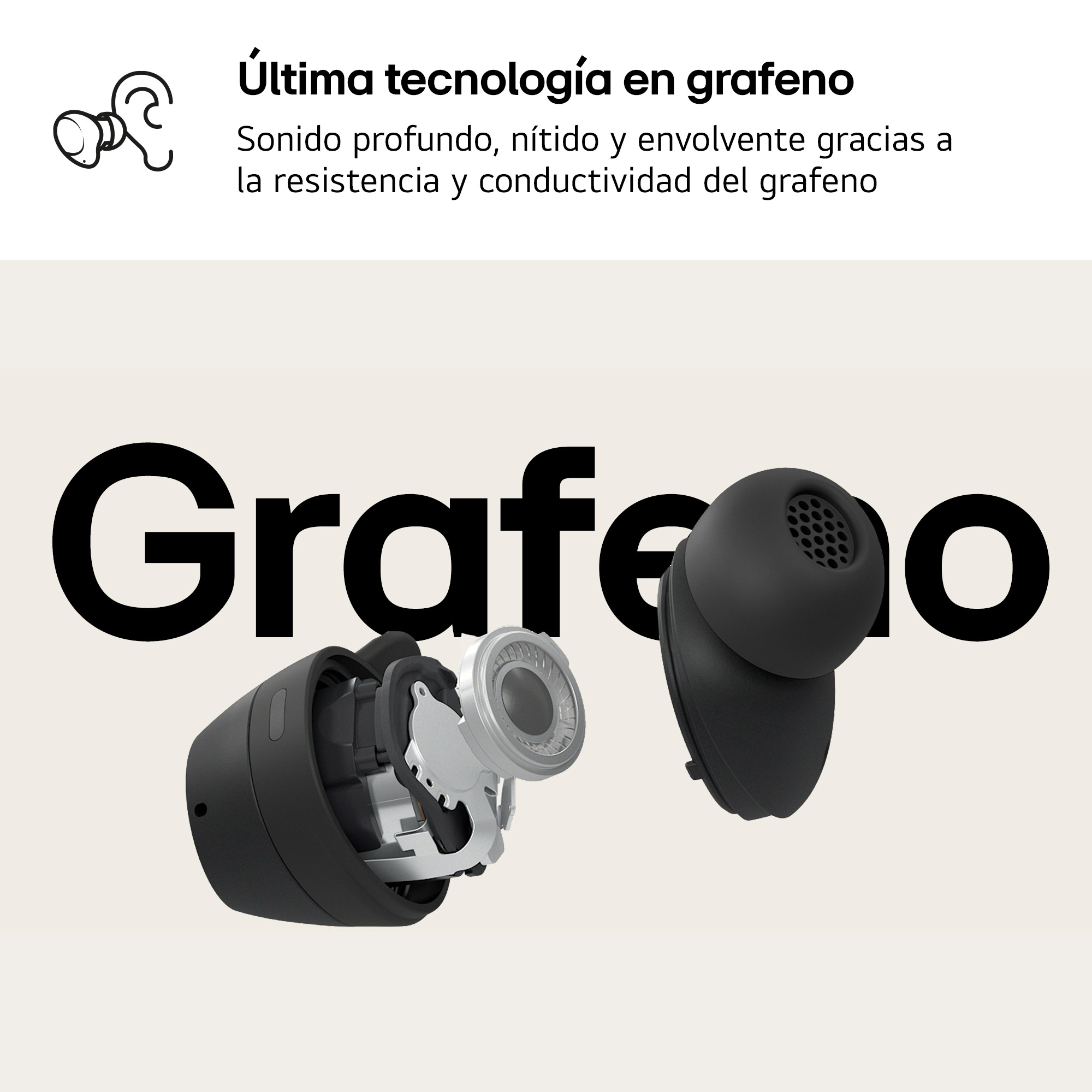 Primer plano de auriculares negros con partes resaltadas. Texto en español sobre tecnología de grafeno y calidad de sonido.