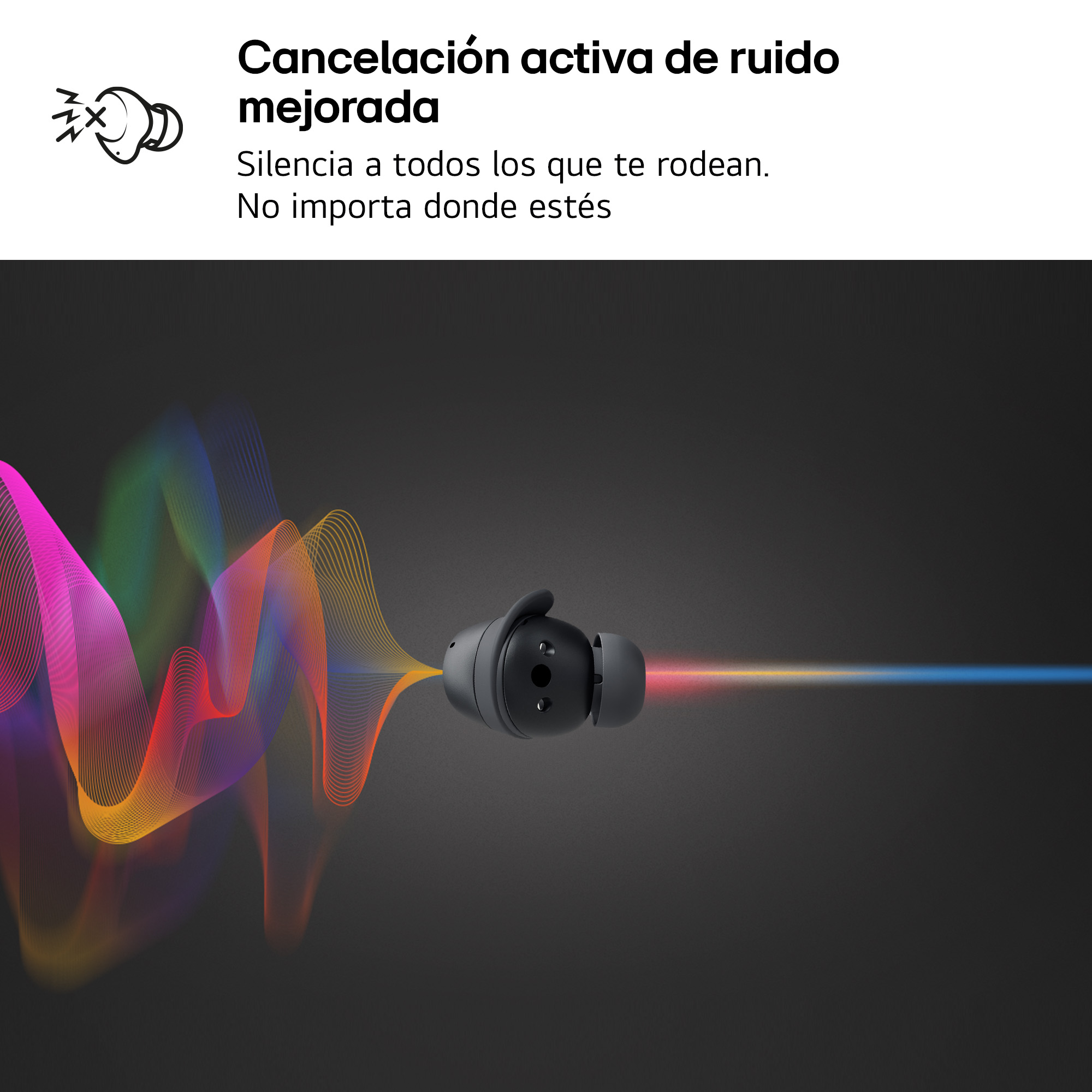 Auriculares con ondas de sonido. Texto en español sobre tecnología de cancelación de ruido.