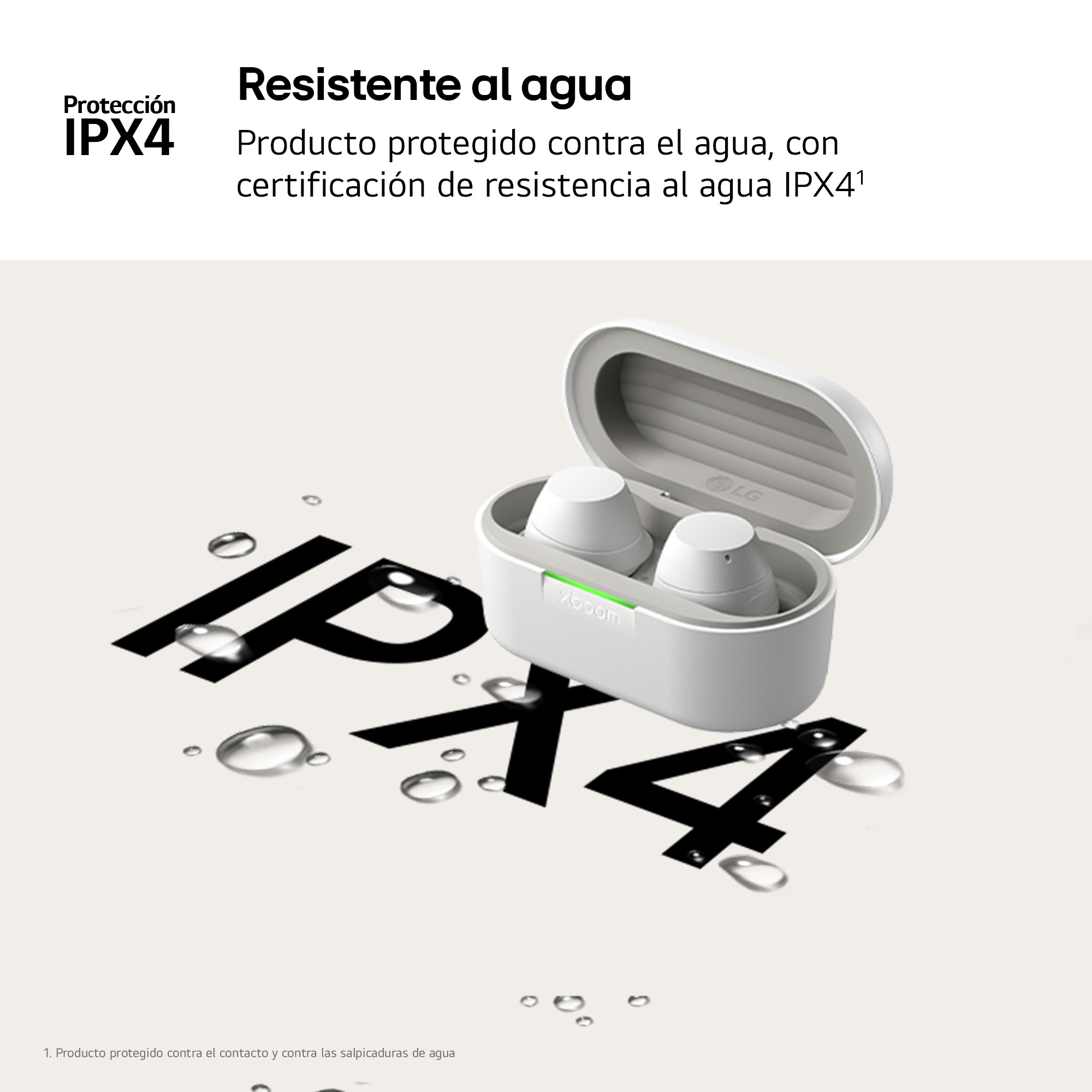 Auriculares en un estuche. Texto en español sobre resistencia al agua con clasificación IPX4.