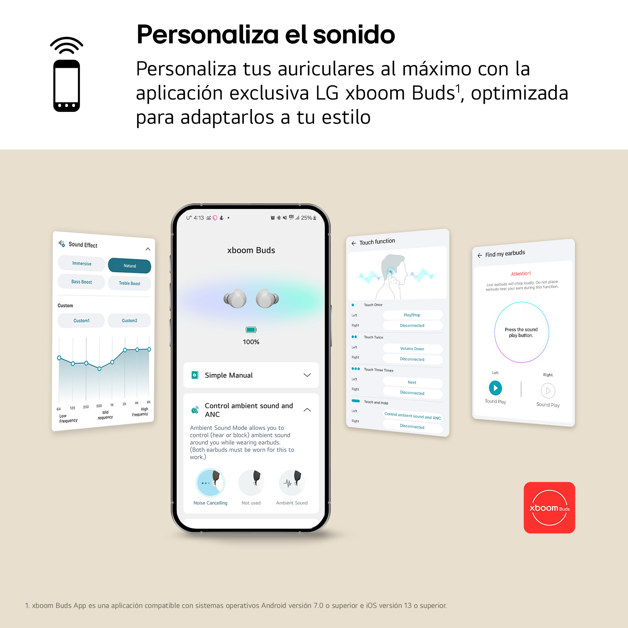 Un teléfono inteligente que muestra la aplicación xboom Buds. Texto en español sobre la personalización del sonido.