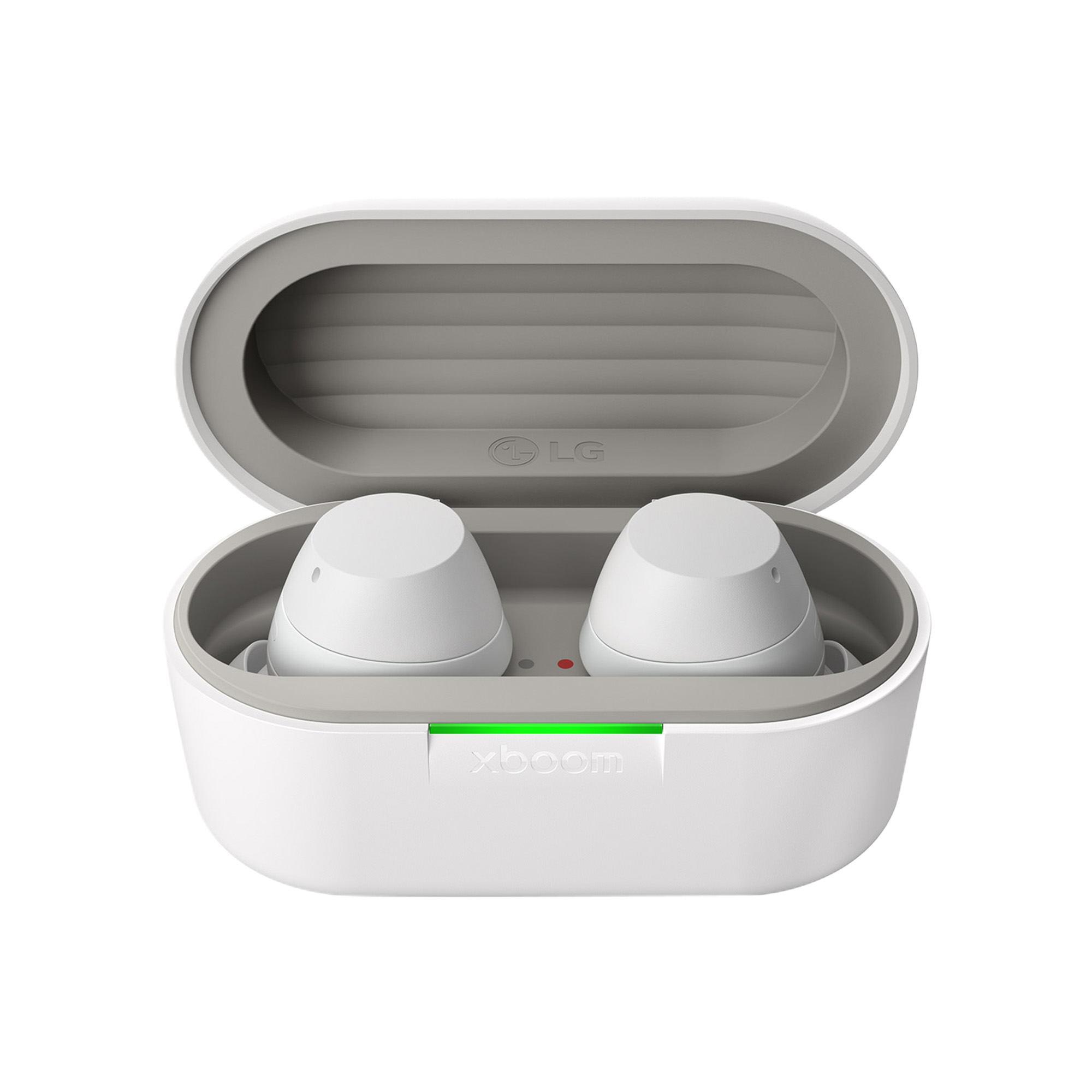 Auriculares blancos en un estuche blanco y gris. El estuche está abierto, mostrando los puertos de carga.
