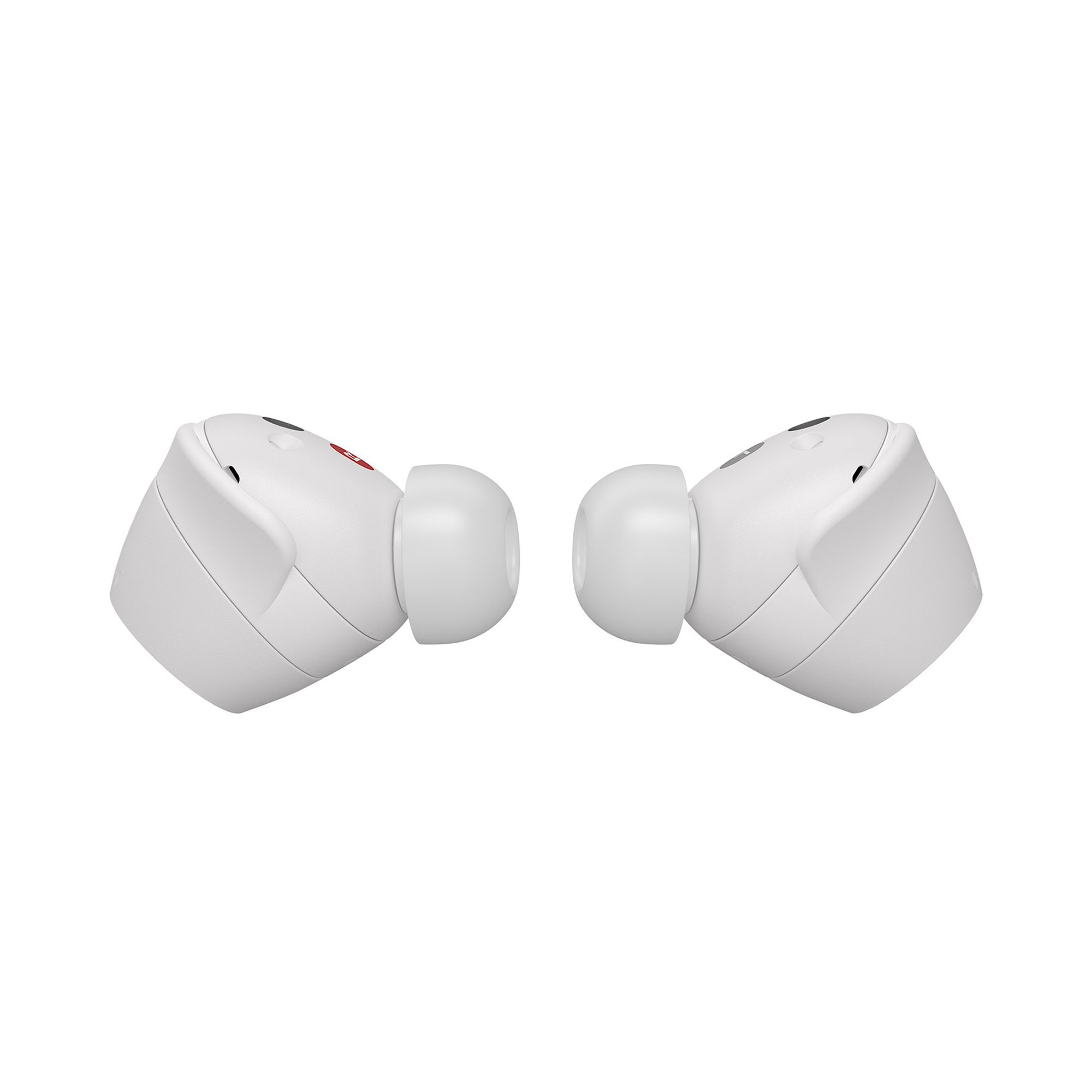 Dos auriculares blancos, ligeramente angulados. Uno tiene un punto rojo y el otro la letra L.