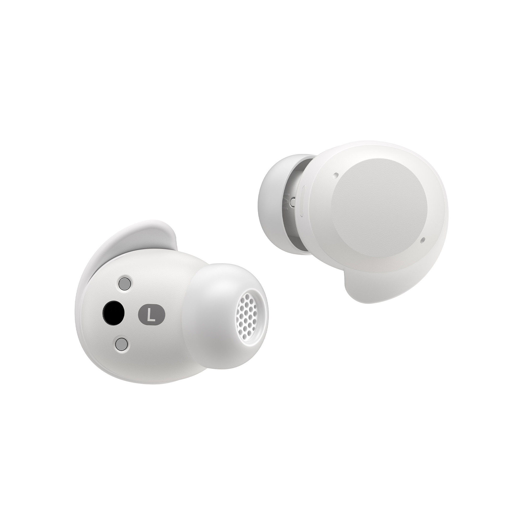 Un auricular blanco con la letra L. Otro a la derecha. Ambos tienen un diseño de malla cerca de la punta.