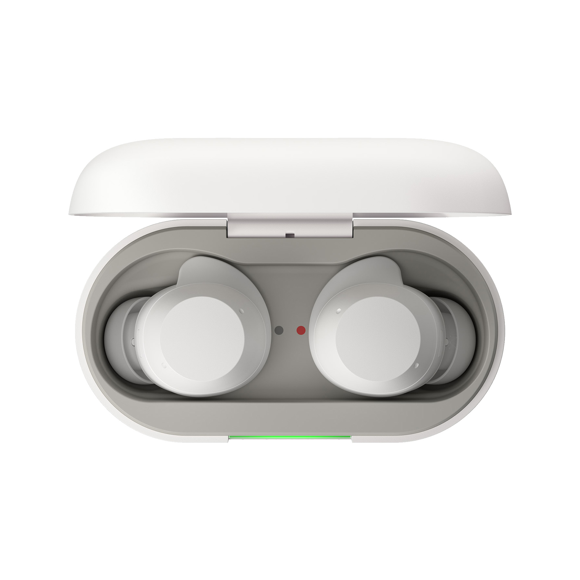 Auriculares blancos en un estuche de carga blanco abierto. Luces rojas y verdes visibles.