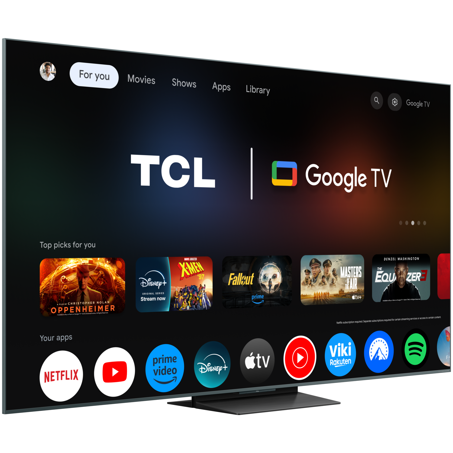 TCL Google TV interface met startscherm met film- en app-opties. Met Netflix-, Disney+ en YouTube-iconen.