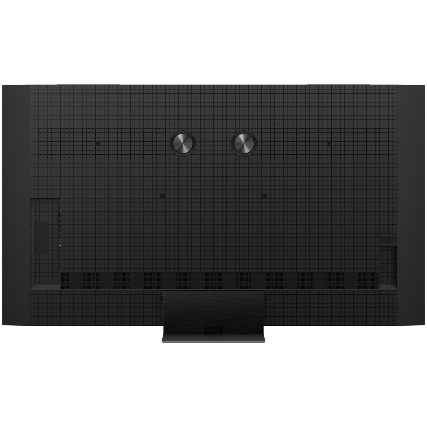Zwart TCL TV-achterpaneel met rasterpatroon. Met twee ronde knoppen en een gedeelte voor poorten.