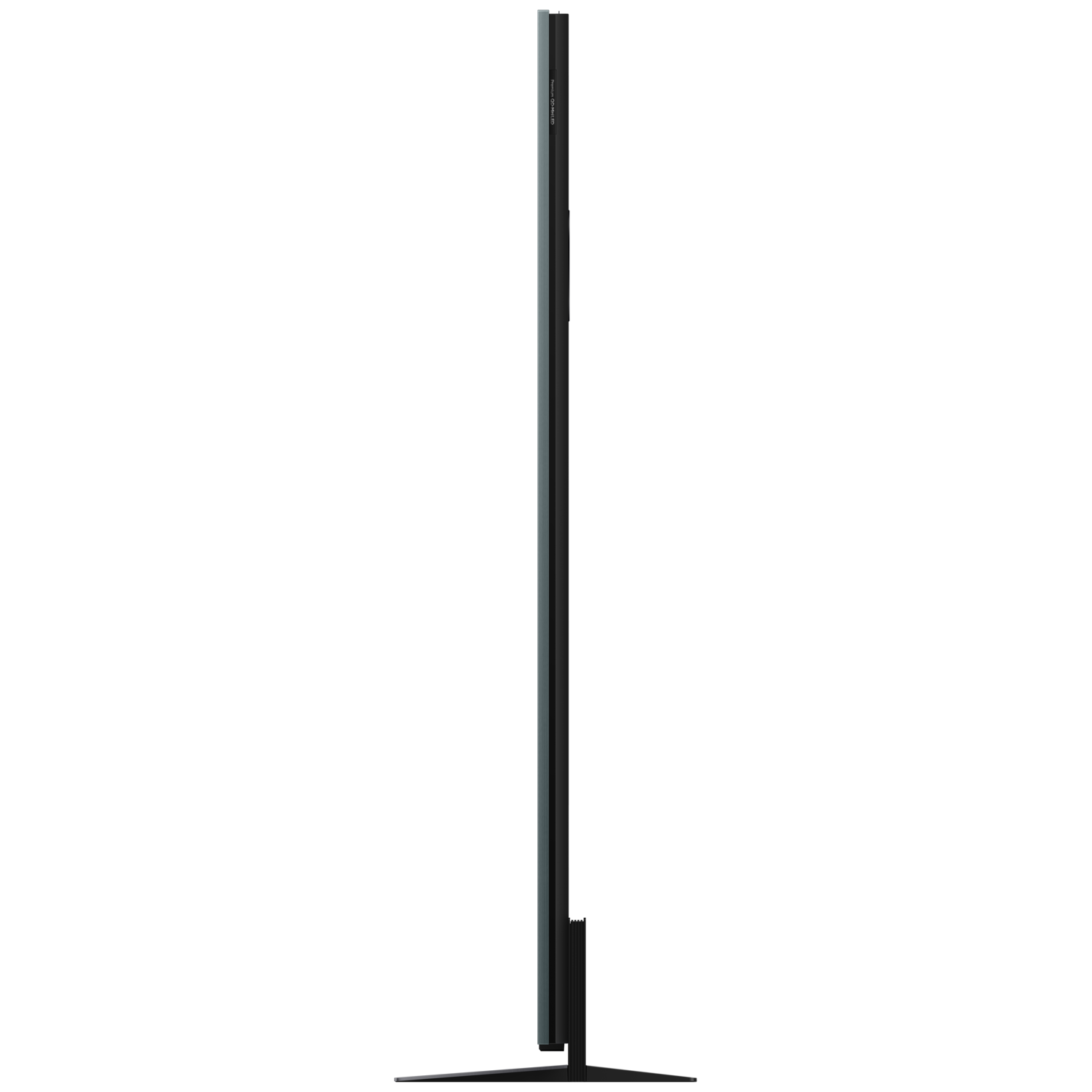 Zijaanzicht van een zwarte tv. De tv heeft een dun profiel en een slanke standaard. Het scherm is zwart.