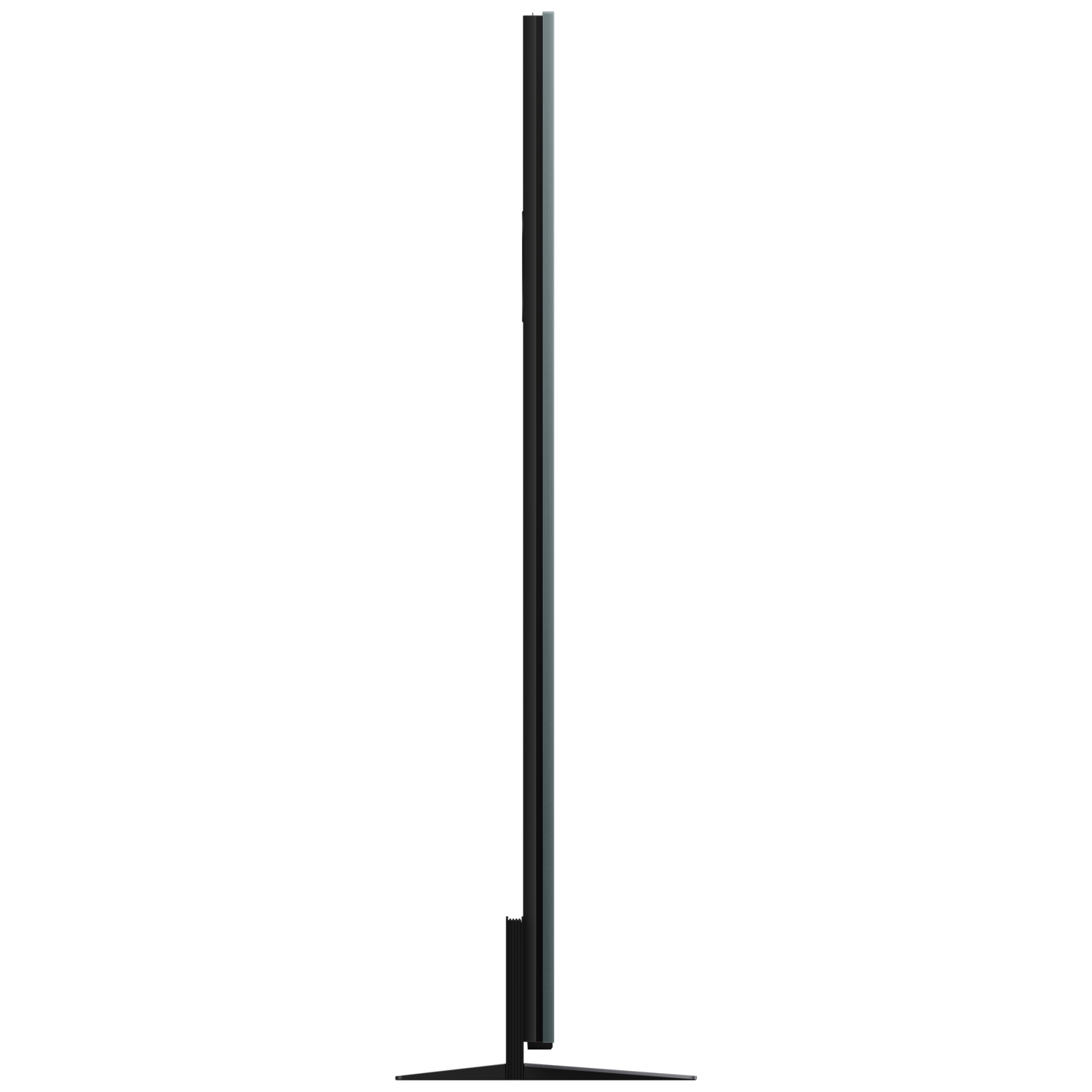 Vue latérale d'une TV noire, un panneau vertical avec un profil fin, sur fond noir.