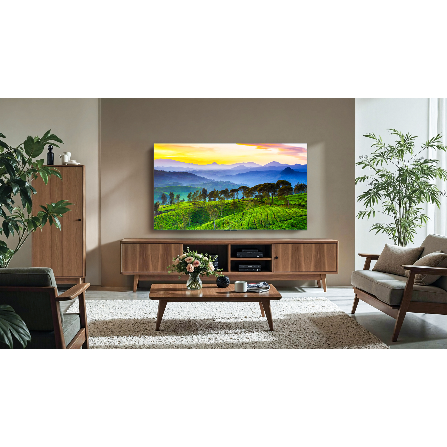 Salon avec TV montrant un paysage, meubles en bois, plante verte et coucher de soleil.