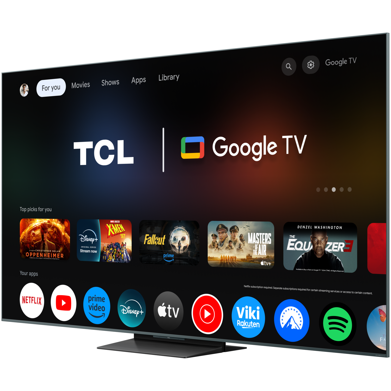 L'écran TCL Google TV affiche des icônes d'applications et des sélections de films, sur fond noir.
