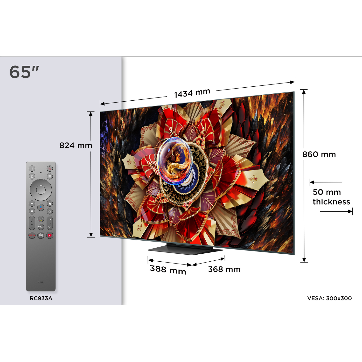 TV 65" avec dimensions affichées. Télécommande à côté. Image détaillée visible.